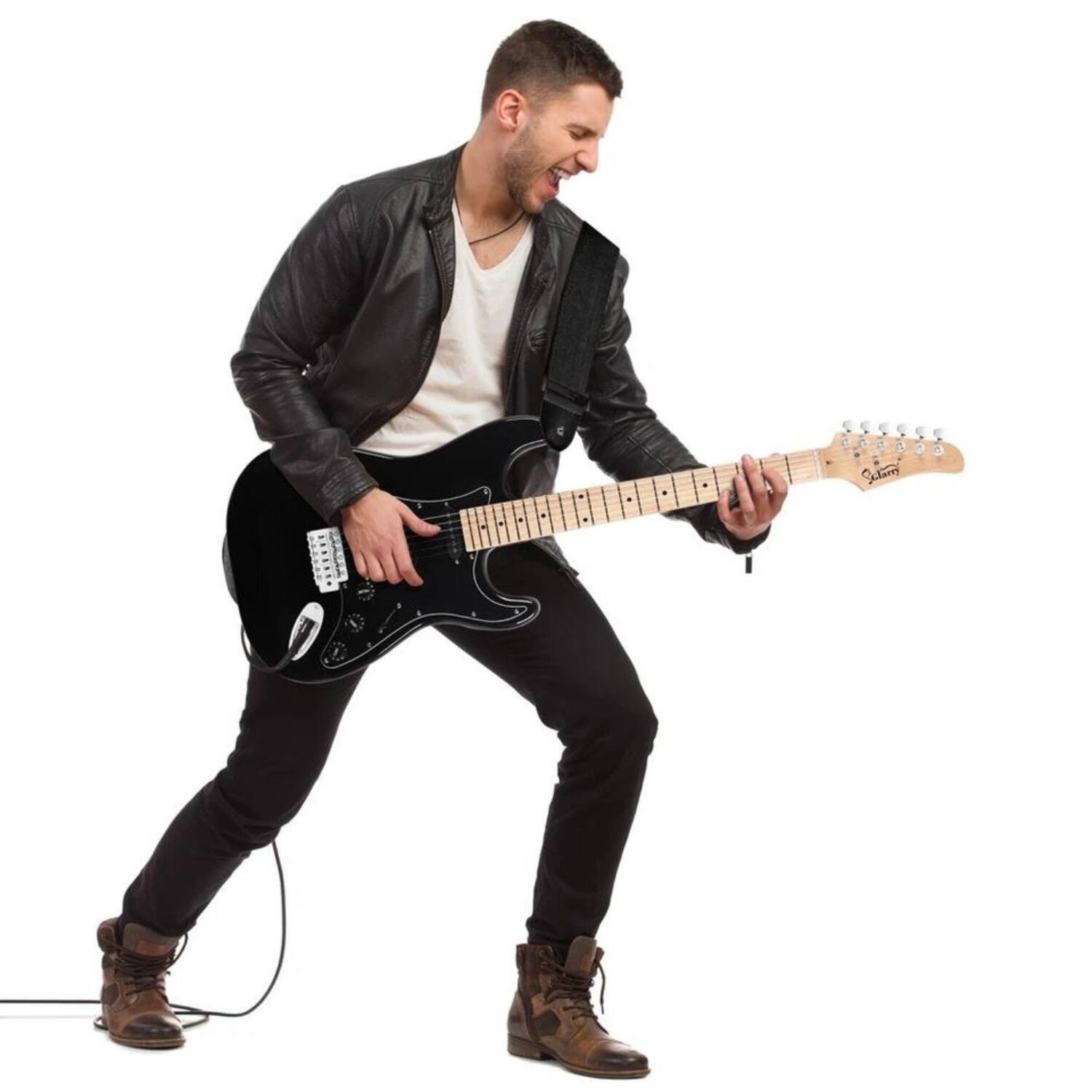 Angle. Stock Preferred - 39" Full Size Electric Guitar with 20W Amp, Case, and Accessories - Black.