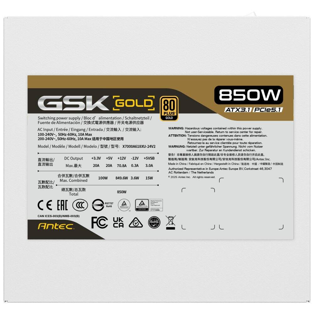 **GSK GOLD**

**850W 80 PLUS**

**ATX3.1 PCIe5.1**

Switching power supply / Bloc d'alimentation / Schaltnetzteil / Fuente de Alimentación / 交換式電源供應器 / 开关电源供应器

**AC Input / Entrée / Eingang / Entrada / 交流输入 / AC Input:**
100-240V~, 50Hz-60Hz, 10A Max.  
适用于中国地区使用  
適用於中國地區使用  
For use in China regions

**Model / Modèle / Modell / Modelo / 型号 / 型号:**
X7000A618XU-24V2

**DC Output / 直流输出 / DC Output:**
- +3.3V: 20A
- +5V: 70.8A
- +12V: 70.8A
- -12V: 0.3A
- +5VSB: 3.0A

**Max. Combined / 合併瓦數 / 合并