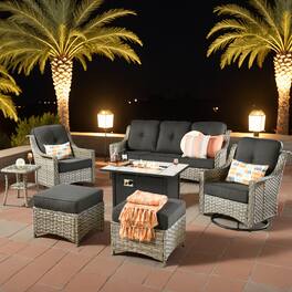 Ovios - 7 PCS Patio Furniture Set 3 Seat Sofa with Swivel Chair Side Table & 42" Fire Pit Table - Black