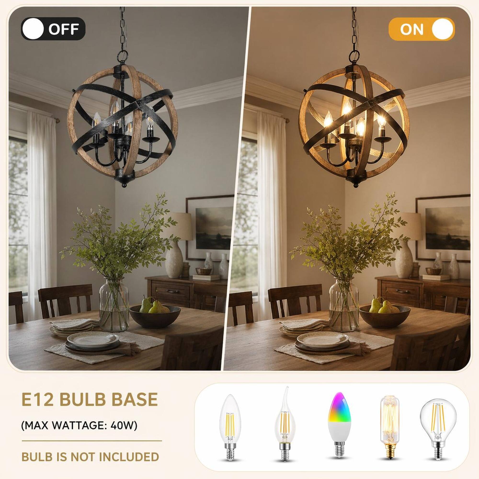 OFF  
ON  
E12 BULB BASE  
(MAX WATTAGE: 40W)  
BULB IS NOT INCLUDED