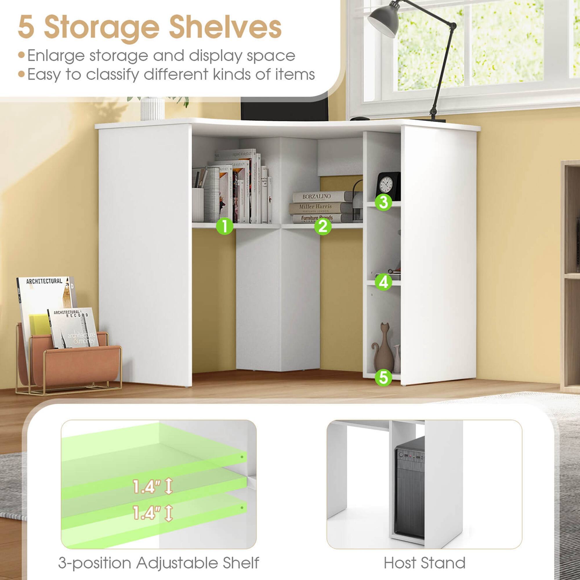 5 Storage Shelves
Enlarge storage and display space
Easy to classify different kinds of items
1 BORZALINO Milke Harris Cunatue A
2 3 ARCHITECTURAL
4 ANGRETECTUPL REED - econacc oma
5 1.4"I I 1.4"1 I 3-position Adjustable Shelf Host Stand