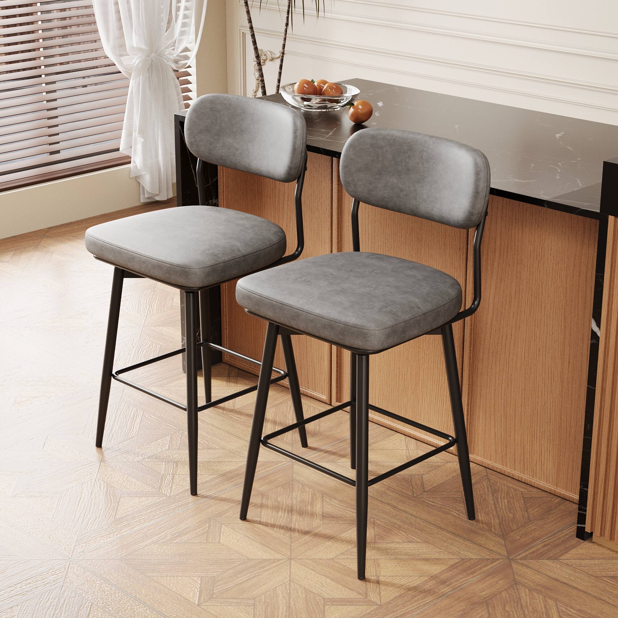 Front. TinyHomie - 360° Rotating Bar Chair Bar Stool bar stools set of 2 piece set with leather cushions and iron brackets - Grey.