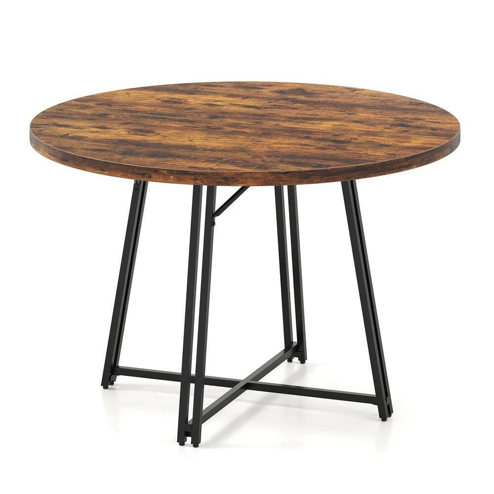 Back. Resenkos - 47" Round Farmhouse Dining Table for 6 with Cross Base, Rustic Brown - Brown.