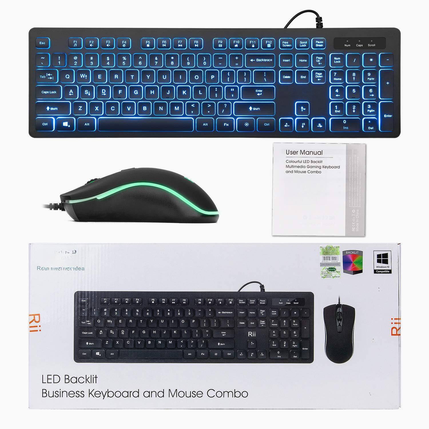 Sure, here is the corrected and grouped text from the image:

---

**Product Name:**
LED Backlit Business Keyboard and Mouse Combo

**User Manual:**
Colourful LED Backlit Multimedia Gaming Keyboard and Mouse Combo

**Features:**
- BACKLIT
- Num Lock
- Caps Lock
- Scroll Lock
- Windows 10 Compatible
- RGB Backlit

**Brand:**
Rii

**Website:**
Rii mini computer

**Description:**
Colourful LED Backlit Multimedia Gaming Keyboard and Mouse Combo

**Additional Information:**
- BACKLIT
- Business Keyboard and Mouse Combo

---