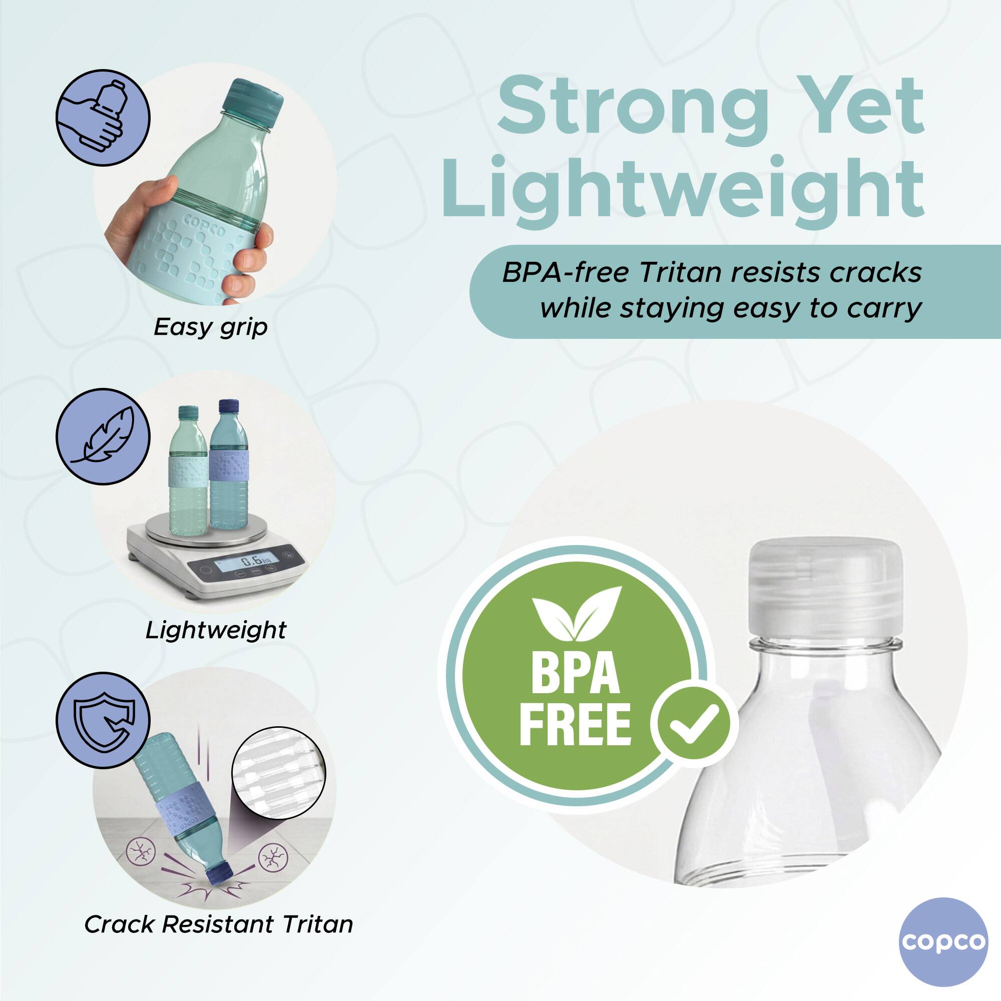 Easy grip  
Strong Yet Lightweight  
BPA-free Tritan resists cracks while staying easy to carry  
Lightweight  
Crack Resistant Tritan  
BPA FREE