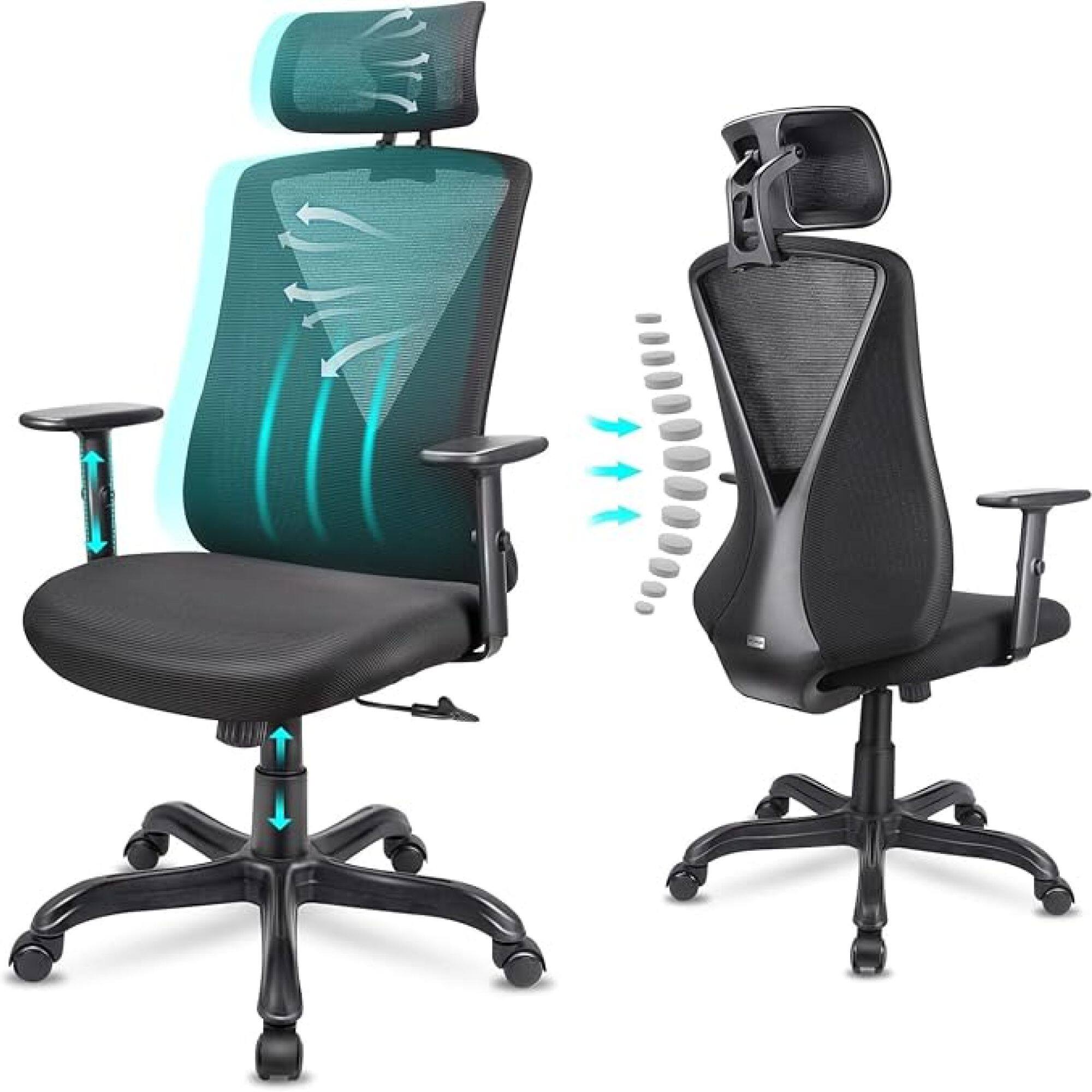 GOODSILO - Ergonomic Office Chair with Mesh Backrest and Adjustable Headrest for Enhanced Comfort and Support - Black