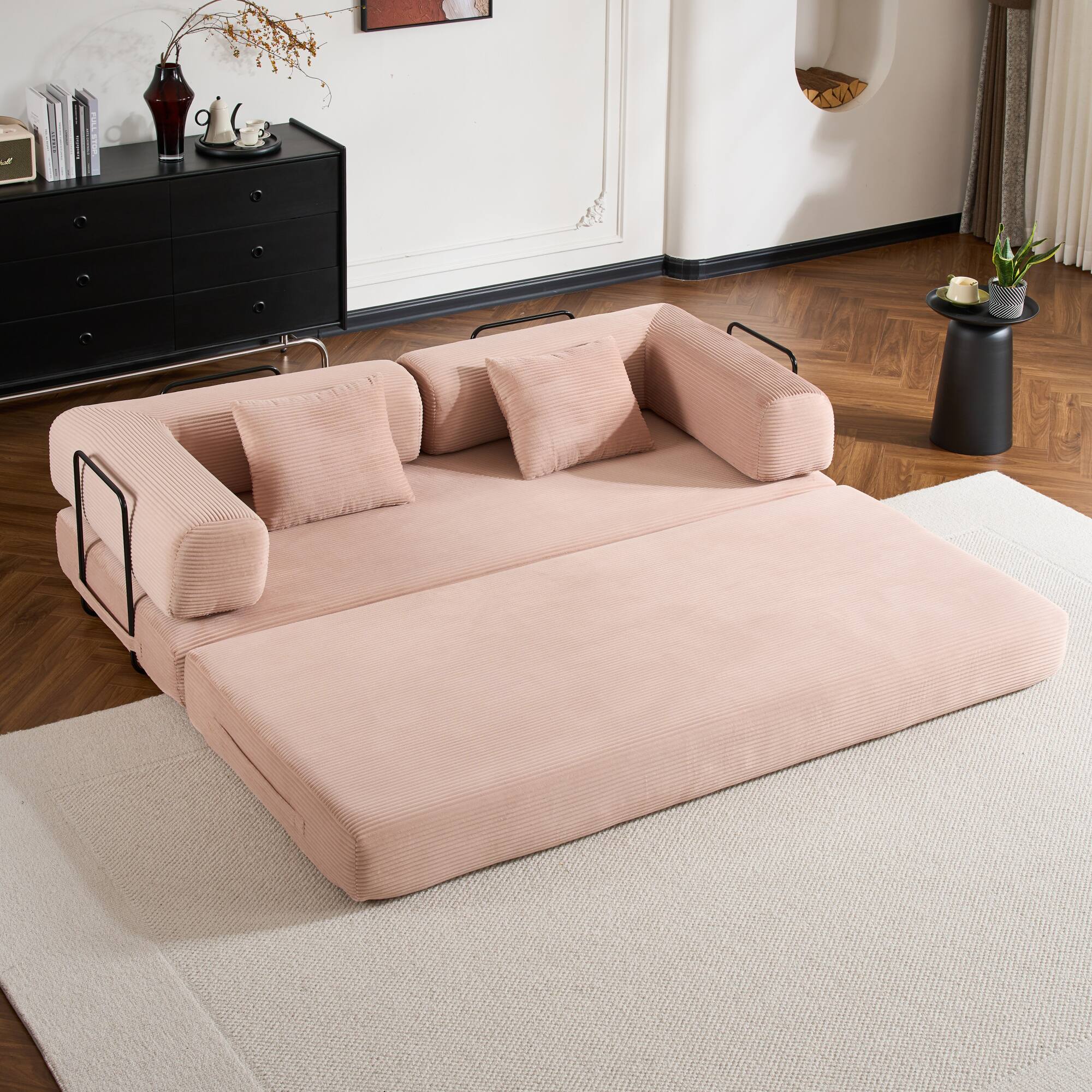 Back. GOODSILO - Convertible Sleeper Sofa in Cylindroy Fabric | Features a Cylindrical Pillow & Space-Saving Foldable Design - Pink.