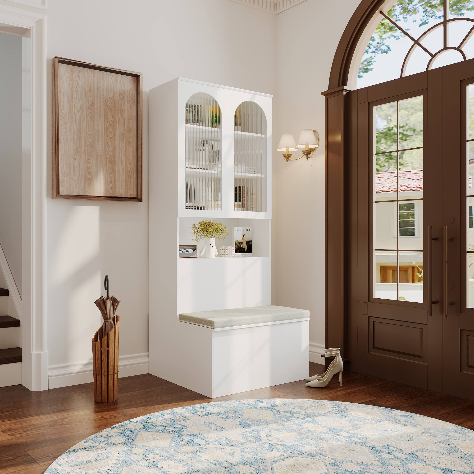 Left. Famapy - French Cream Entryway Storage Bench with Fluted Glass Cabinet and Cushioned Seat - White.