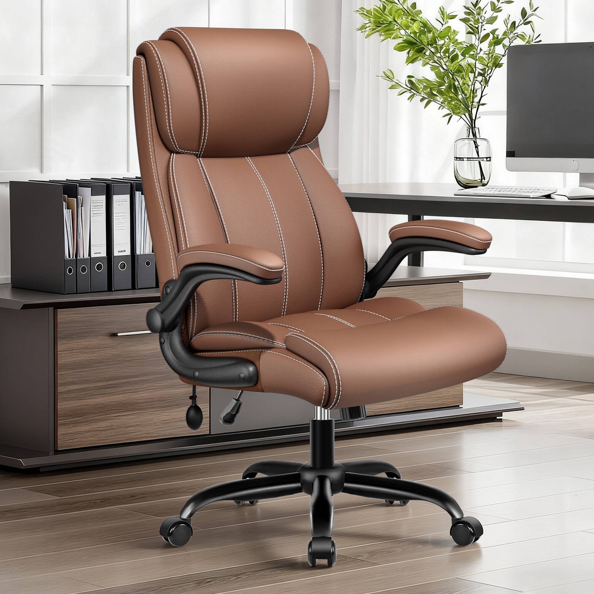 Angle. Brick Attic - 400 lbs High-Back Executive Office Chair with Adjustable Air Lumbar Flip-Up Armrests, Home Desk Rocking Computer Chair - Brown.