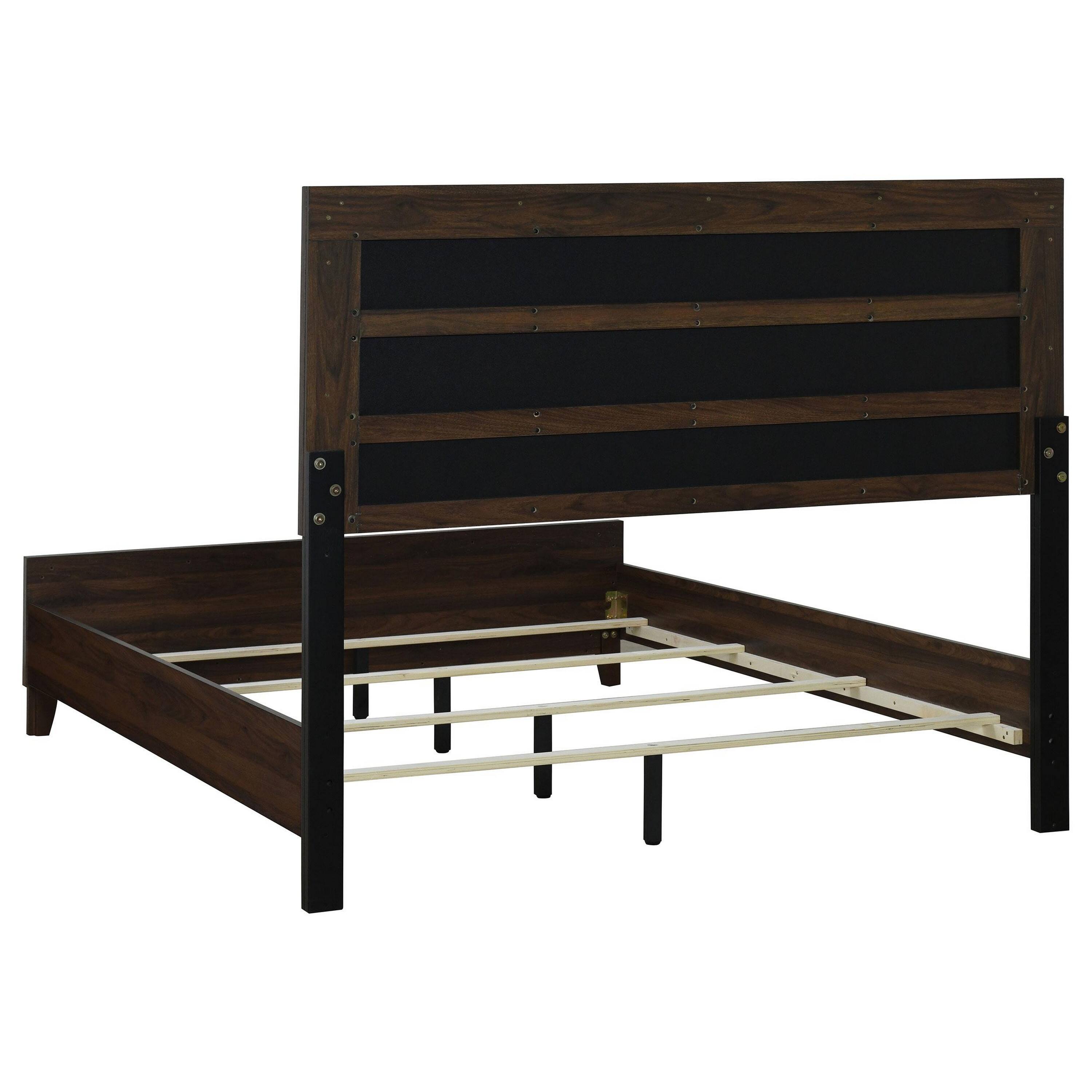 Alt View 2. Manhattan Lane - Yels Queen Size Bed, Channel Tufted Taupe Upholstery, Dark Brown Wood - Walnut Brown, Taupe.
