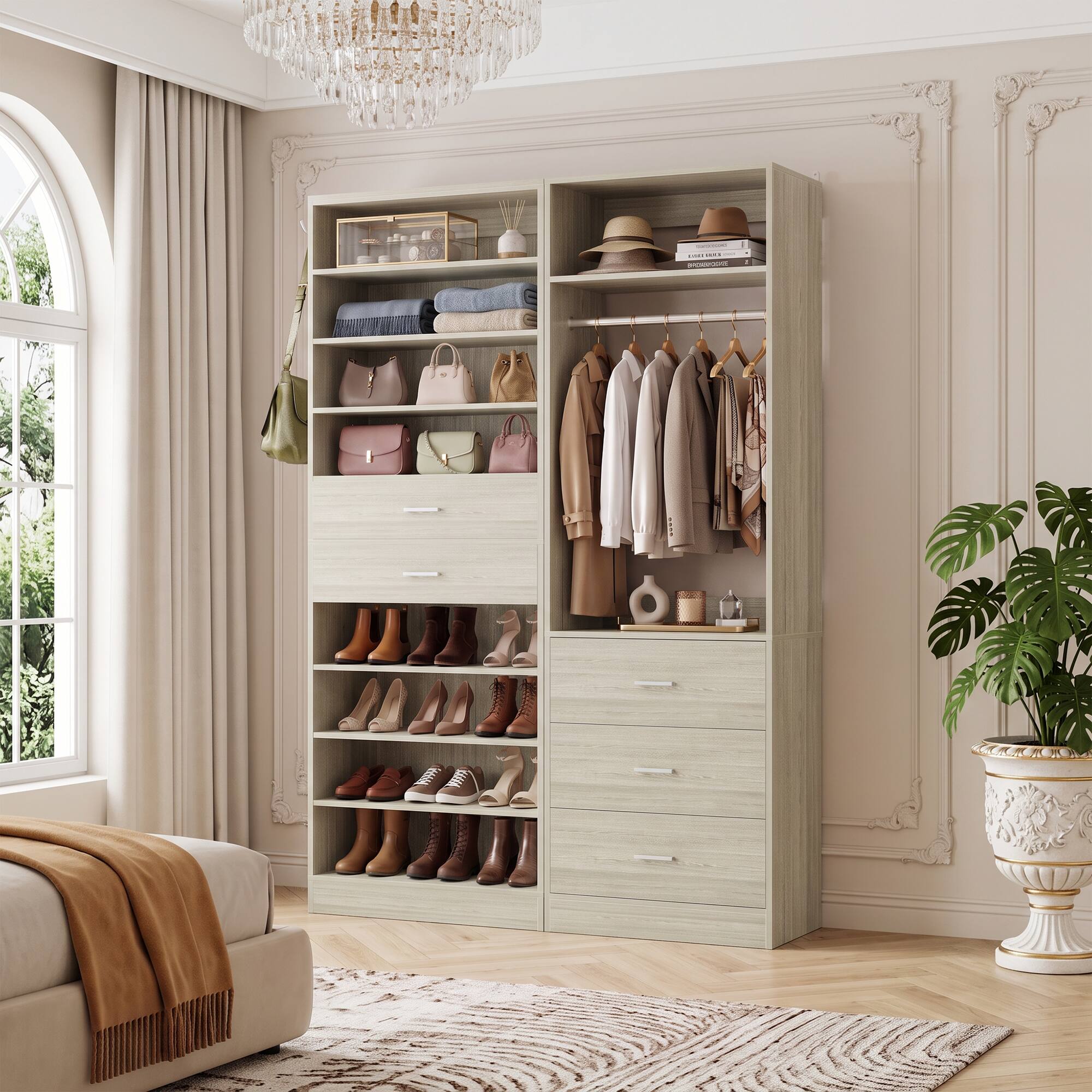 Angle. Aheaplus - Dual-Station Storage Bundle: 10-Tier Shoe Cabinet with 2 Drawers + 2FT Freestanding Closet System with 3 Drawers - White Oak.