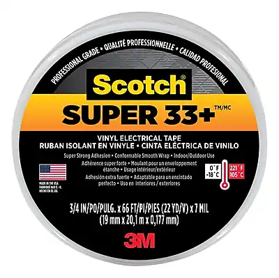 **Professional Grade - Qualité Professionnelle - Calidad Profesional**
**Scotch® SUPER 33+™/MC**
**Vinyl Electrical Tape - Ruban Isolant en Vinyle - Cinta Eléctrica de Vinilo**
- Super Strong Adhesion - Conformable Smooth Wrap - Adhésion super forte - Moulant pour un enveloppement étanche - Adhesión extra fuerte - Adaptado para un perfecto uso en interiores y exteriores
- Indoor/Outdoor Use - Usage intérieur/extérieur - Uso interior/exterior
- 0°F to 105°C - -18°C a 105°C
- 3/4 IN/PO/PULG. X 66 FT/PI/PIES (22YD/V) X 7 MIL (19 mm X 20,1 m X 0,177 mm)
- 3M
**3M**