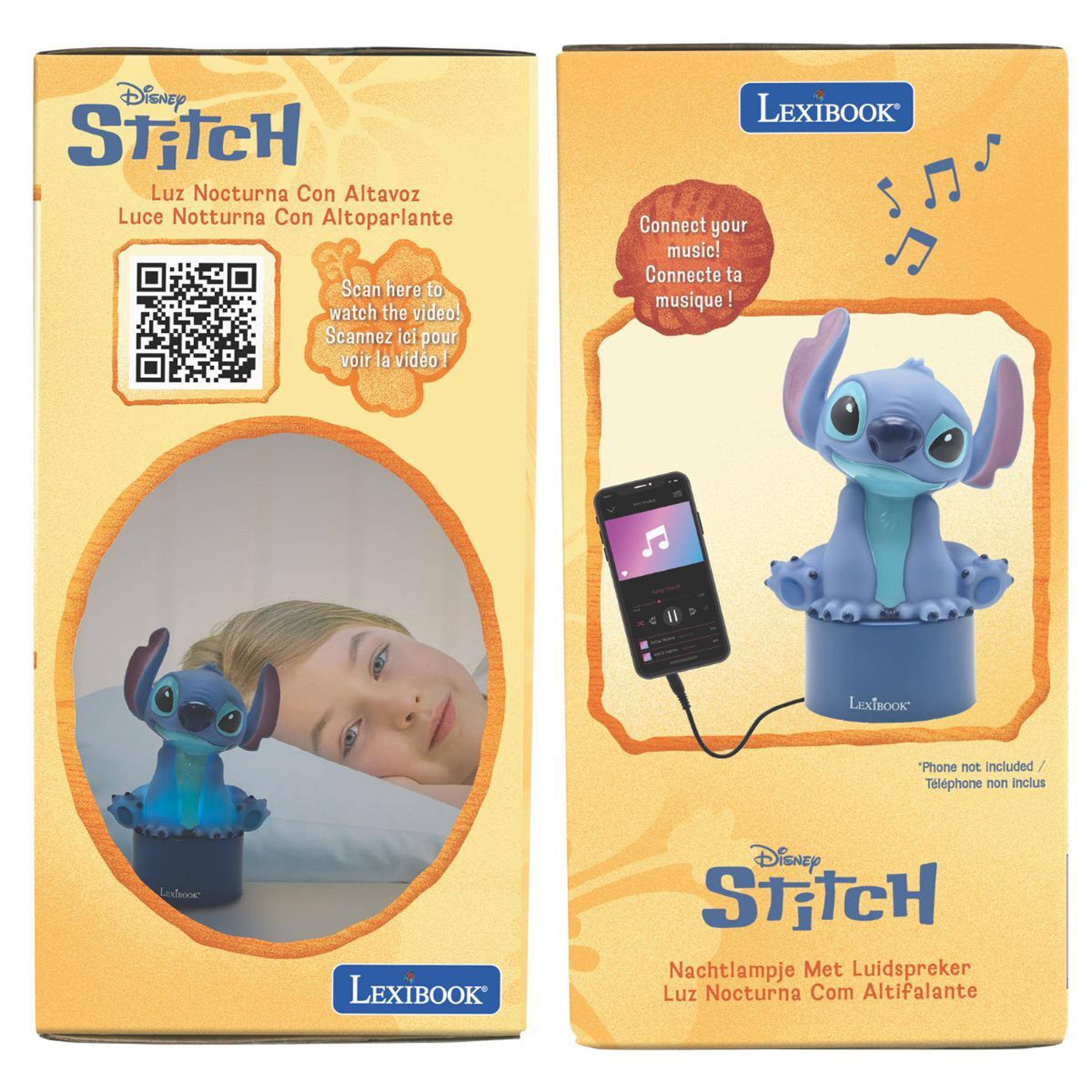 Disney Stitch Luz Nocturna Con Altavoz  
Luce Notturna Con Altoparlante  
Scan here to watch the video!  
Scannez ici pour voir la vidéo!  

LEXIBOOK  
Connect your music!  
Connecte ta musique!  

Phone not included / Téléphone non inclus  

Disney Stitch Nachtlampje Met Luidspreker  
Luz Nocturna Com Altifalante