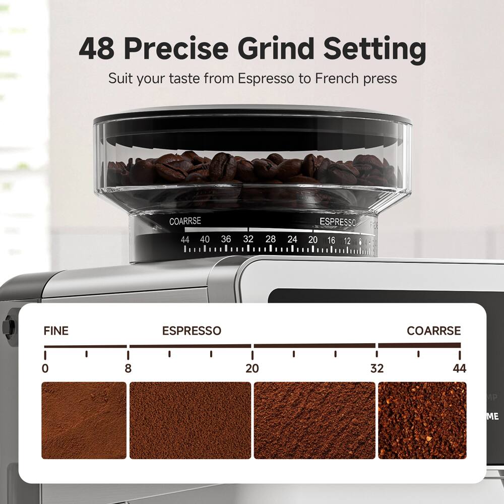 48 Precise Grind Setting  
Suit your taste from Espresso to French press  

COARSE  
44 40 36 32 28 24  

ESPRESSO  
20 16 12  

FINE  
ESPRESSO  
COARSE  

0 8 20 32 44