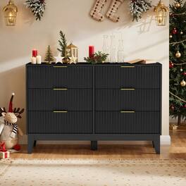 U-HOMY - Modern 6 Drawer Fluted Dresser, Mid Century Wide Chest of Drawers with Metal Handles for Bedroom and Living Room - Blcak