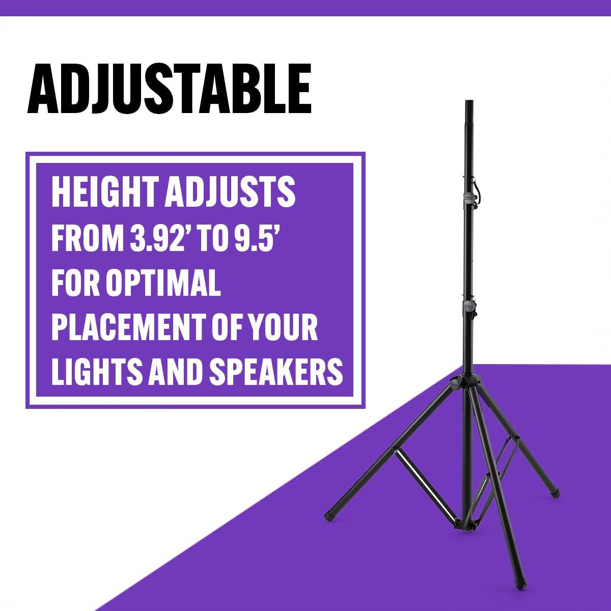 ADJUSTABLE

HEIGHT ADJUSTS FROM 3.92' TO 9.5' FOR OPTIMAL PLACEMENT OF YOUR LIGHTS AND SPEAKERS
