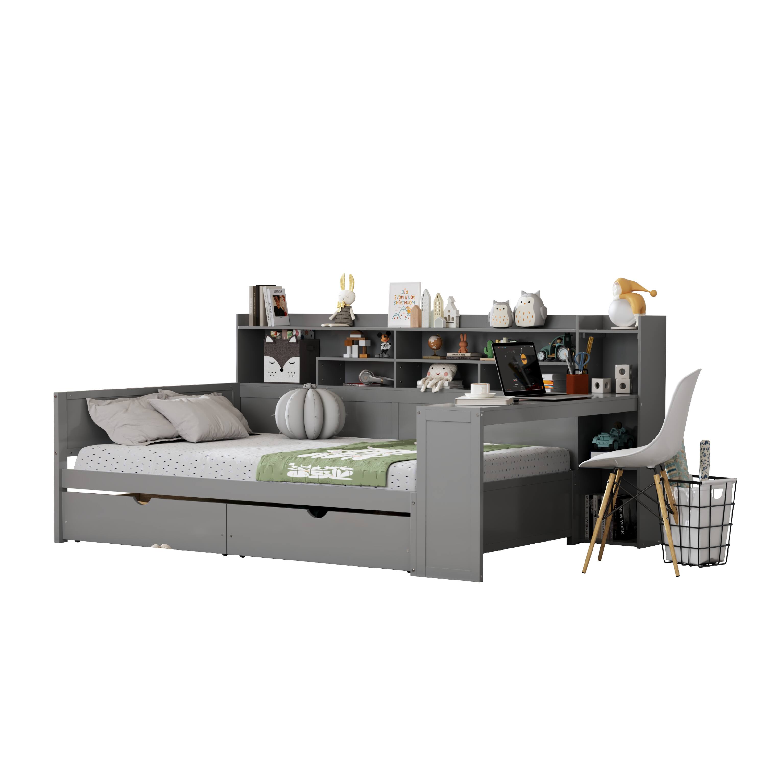 Back. Tiramisubest - Wooden Full Size Daybed with Storage Shelves, Multi-functional Bed with Two Storage Drawers and  Study Desk, Gray - Gray.