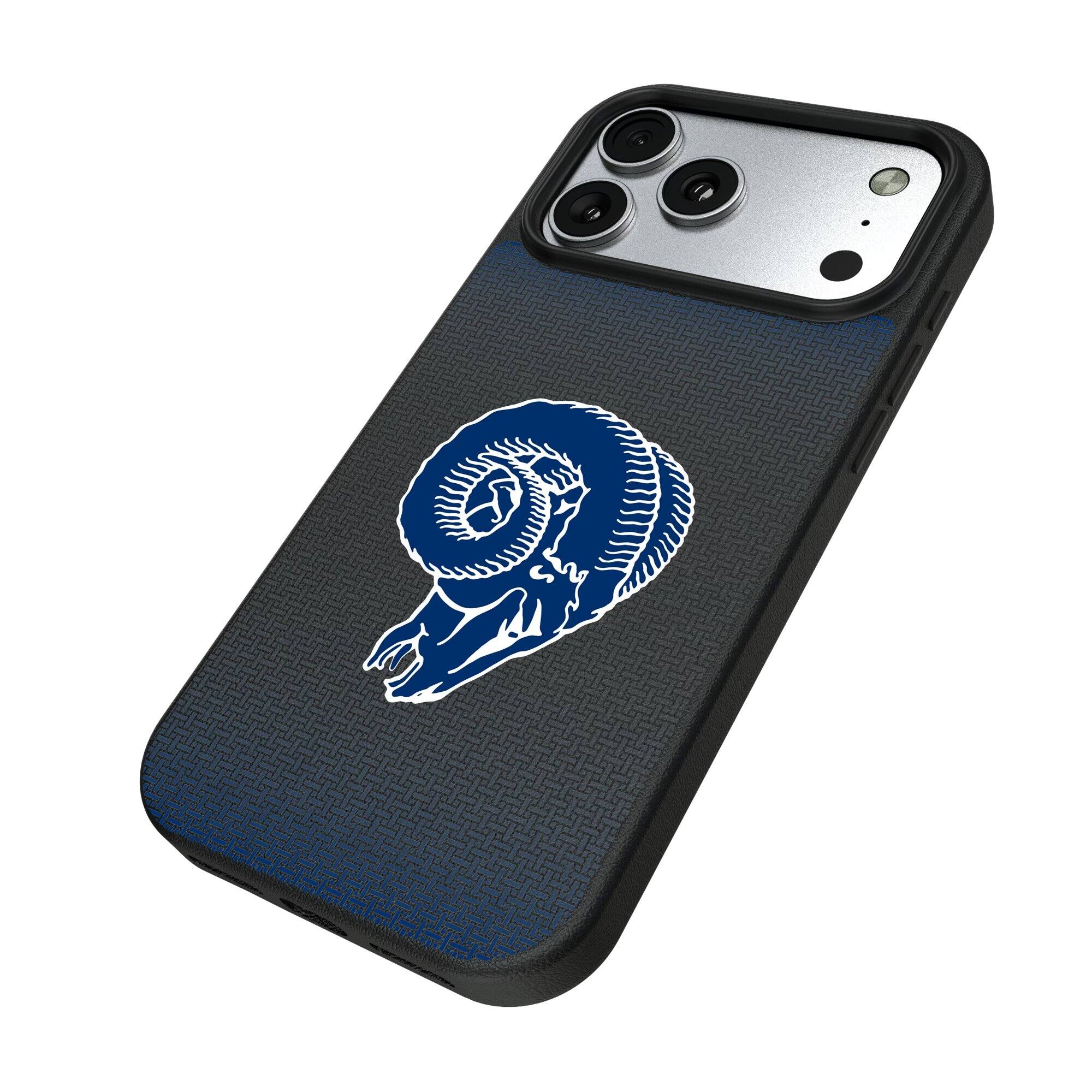 Alt View 1. Keyscaper - Los Angeles Rams Linen Logo iPhone Magnetic Bump Case - 16 Pro Max - Black.