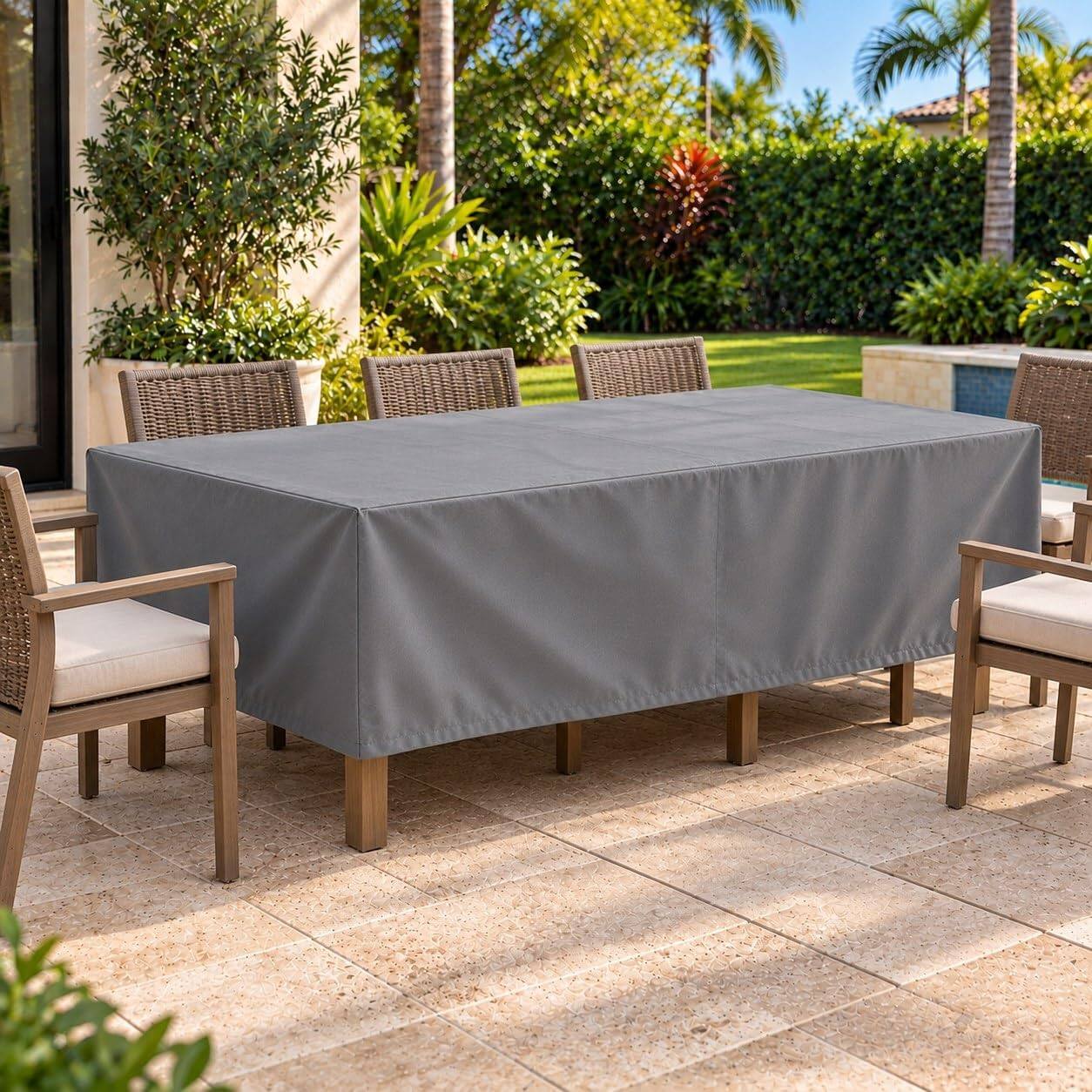 Angle. KHOMO GEAR - Outdoor Dining Table Cover - Heavy Duty, Water Resistant Rectangular Patio Dining Table Cover - 60"L x 33"W x 25"H - Gray.