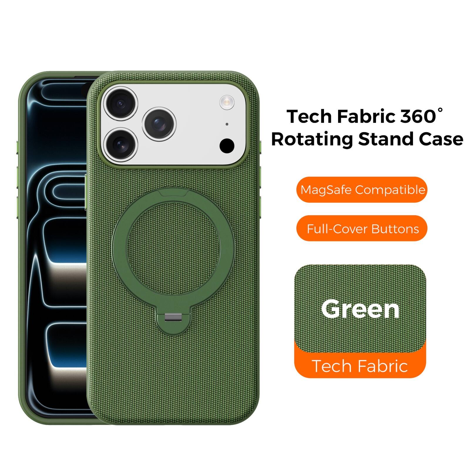 Dteck - Tech Fabric Texture Magnetic Case for Apple iPhone 17 Pro Max, Shockproof Protective Cover with 360° Rotating Ring Stand - Green