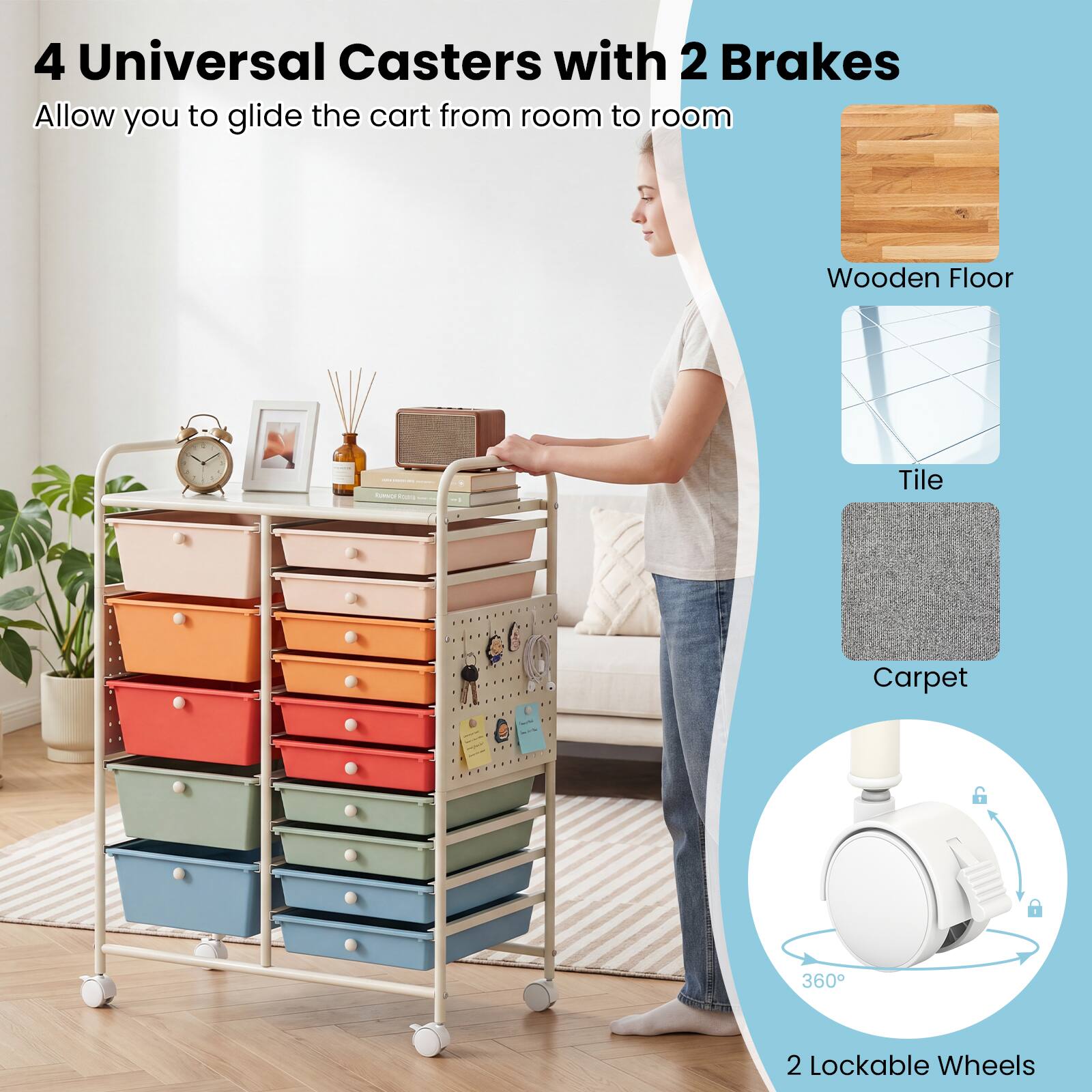 4 Universal Casters with 2 Brakes Allow you to glide the cart from room to room. Wooden Floor - S Tile Carpet. 360° 2 Lockable Wheels