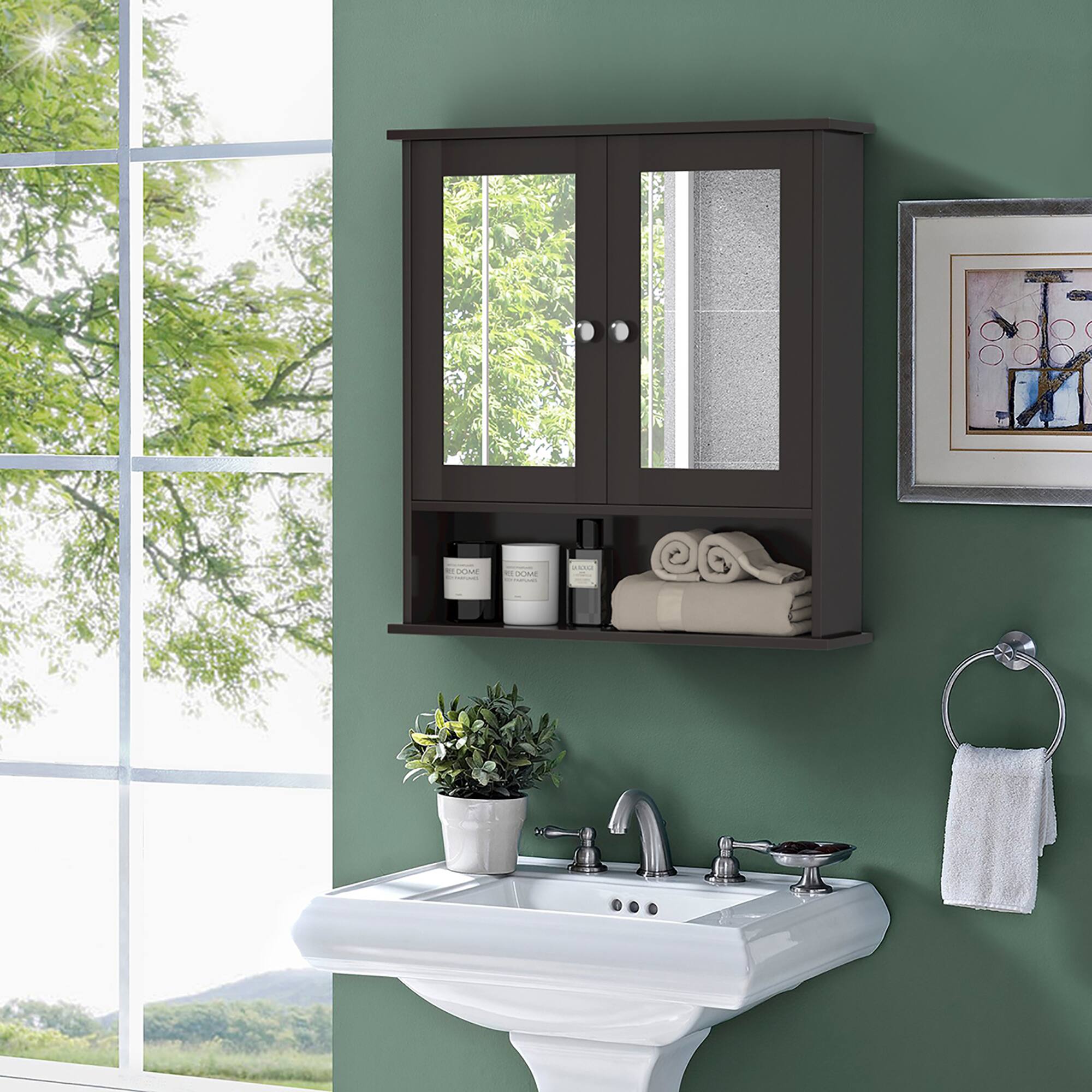 Alt View 1. Costway - Costway Wall Mount Mirror Cabinet - Brown.