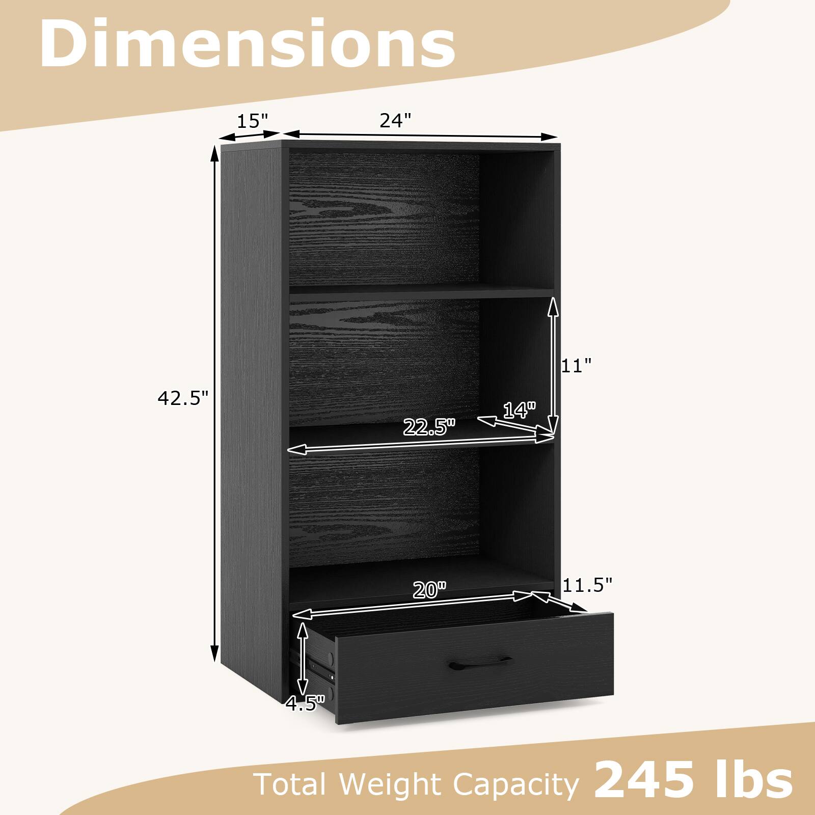 Dimensions: 15" x 24" x 11"
Total Weight Capacity: 245 lbs