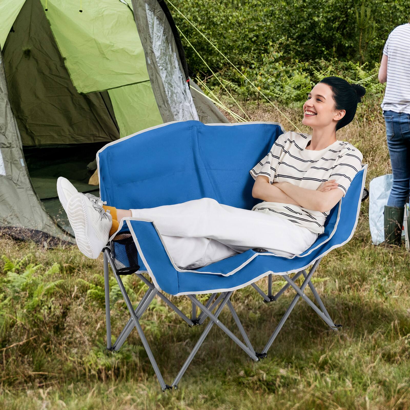 Alt View 3. Costway - Costway Double Duo Camping Chair with Armrests Cup Holders Carry Bag Heavy Duty Lawn Chair - Blue.