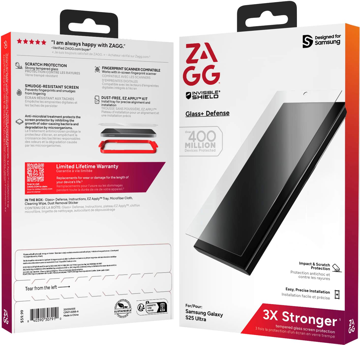 am always happy with ZAGG. -Verified ZAGO.com buyer! toujours satisfait ZAGG Acheteur vrita Zagg com SCRATCH PROTECTION Strong tempered glass FINGERPRINT SCANNER COMPATIBLE PROTECTION CONTRE RAYURES Works in-screen Verre fingerprint scanner tremp rsistant COMPATIBLE AVEC SCANNERS D'EMPREINTES DIGITALES Compatible lecteurs SMUDGE-RESISTANT SCREEN empreintes digitales integrs acran Prevents fingerprints smudges from lingering CRAN RESISTANT AUX TACHES DUST-FREE APPLY Empche empreintes digitales install precise alignment taches persister installation TROUSSE SANS POUSSIERE APPLYH Plateau d'installation alignement Anti-microbial treatment protects installation prcis srmEn protector inhibiting growth odor-causing bacteria degradation microorganisma traitement antimicrobien protege protecteur d'ecran empchant croissance bectries responsables odeurs dgradation cause microorganismes. ZA GG INVISIBLE* SHIELD Glass+ Defense 400 MILLION Devices Protected
