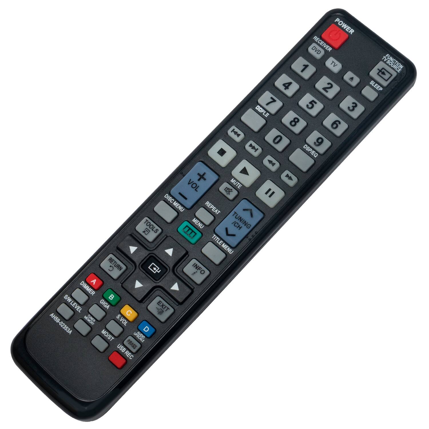 POWER DVD RECEIVER  
1 TV 4 2 7 5 3 DOPLI 8 6 | 0 9 M DSP/EQ  
VOL MUTE " DISC MENU DISC MENU REPEAT TOOLS MENU TUNING ICH  
..0 TITLEMENU RETURN INFO i A DIMMER S/W B LEVEL GIGA EXIT C  
-7 AH59 S. H59-02353A MEMDRN VOL D MO/ST LPSUNE USB PBASS REC TV FUNCTION SLEEP SL