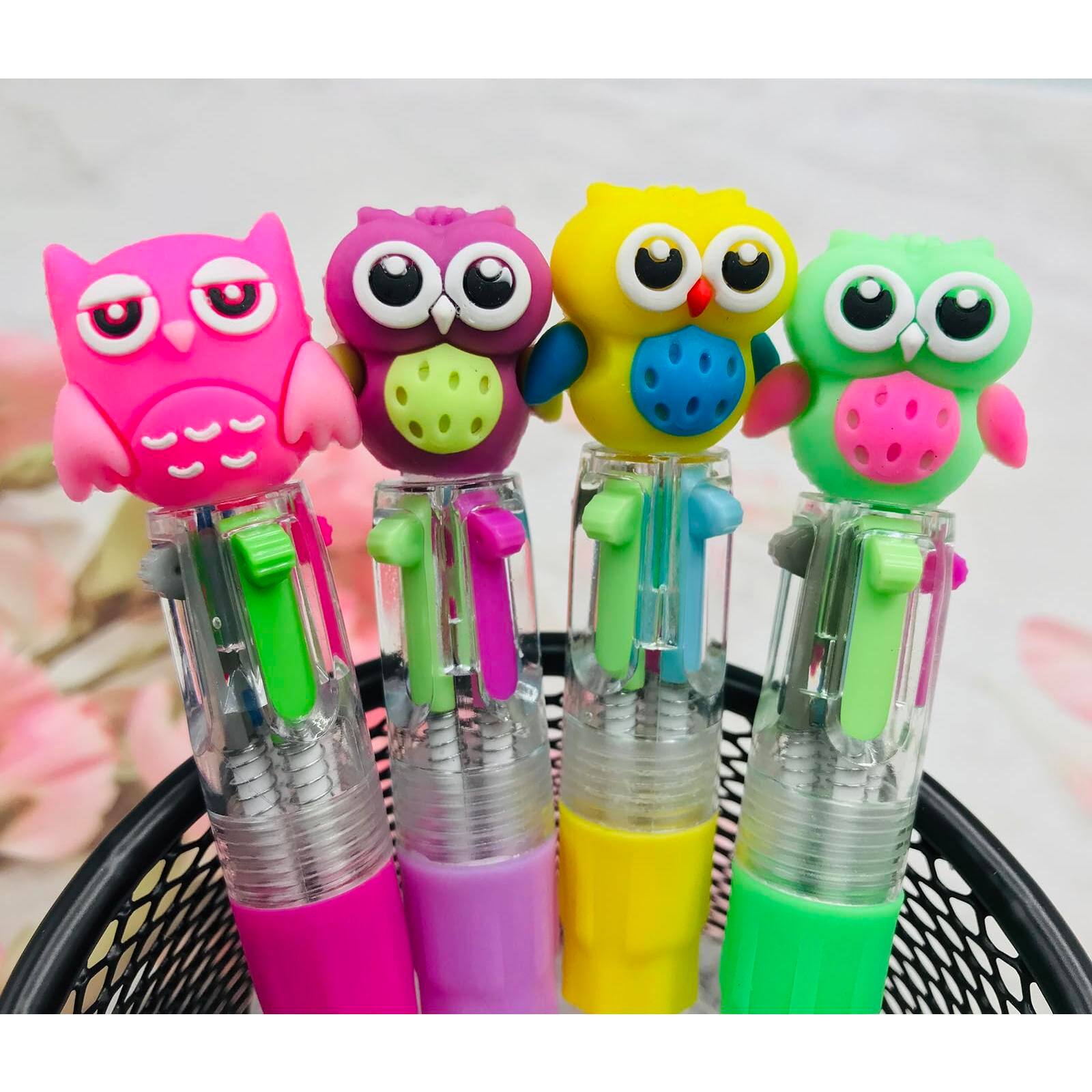 Paradigms Interiors - Owl Multicolor Pen In One 4 in 1 Cute Bulk Fun Pens Mini Assorted Ink Ballpoint For Birthday Gift Student Present Sch...