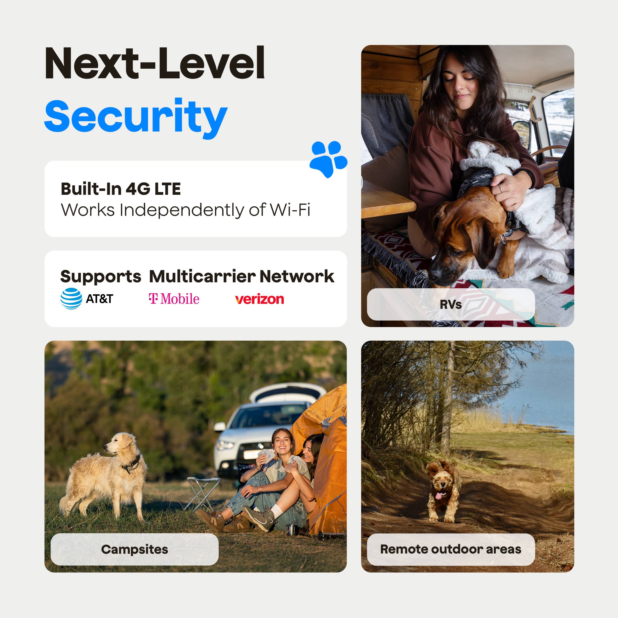 Next-Level Security  
Built-In 4G LTE  
Works Independently of Wi-Fi  
Supports Multicarrier Network  
AT&T  
T-Mobile  
Verizon  

RVs  
Campsites  
Remote outdoor areas