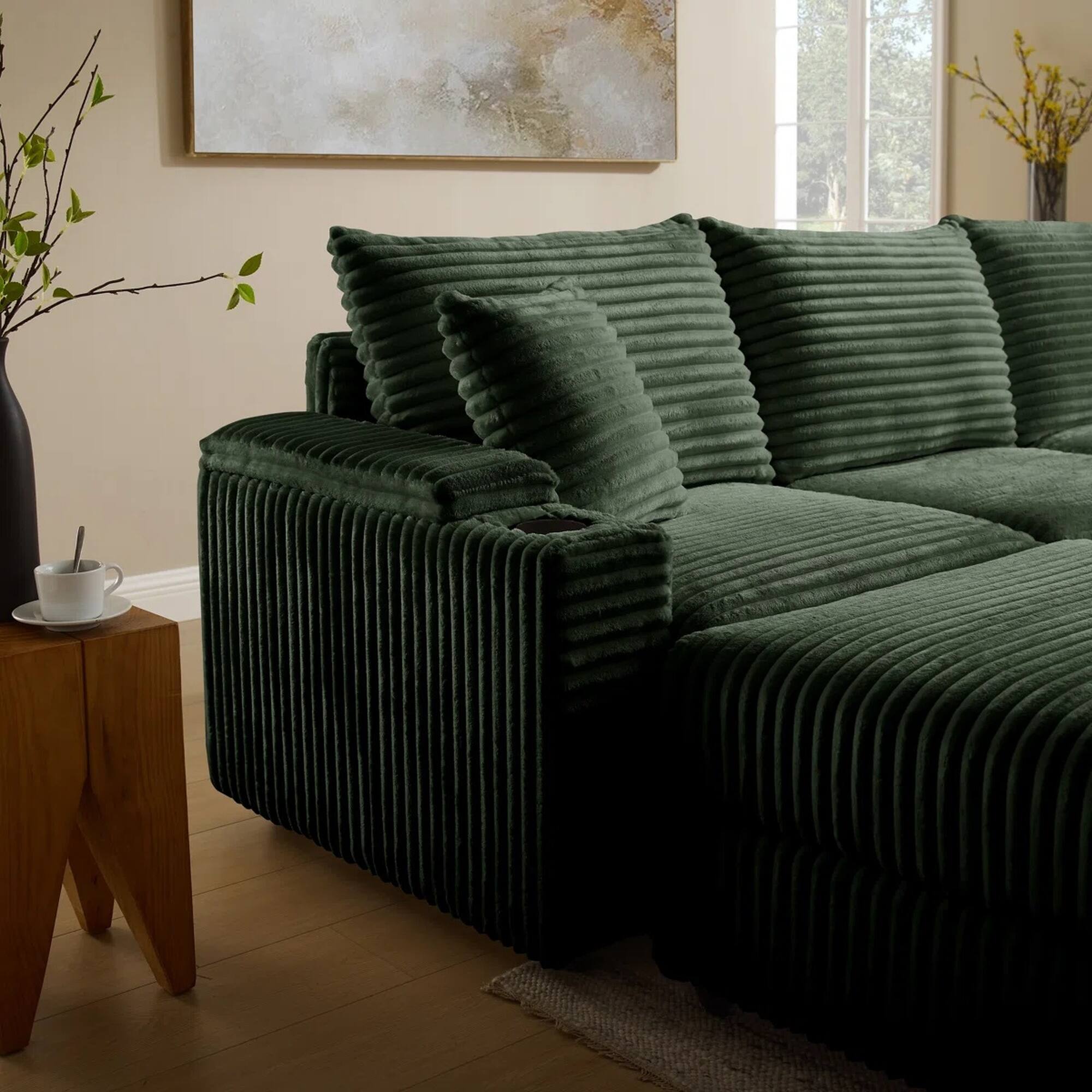 Alt View 1. Yardgrace - 6-Seater U-Shaped Corduroy Sofa with USB Charging, Phone Holders & Storage Armrests - Green.