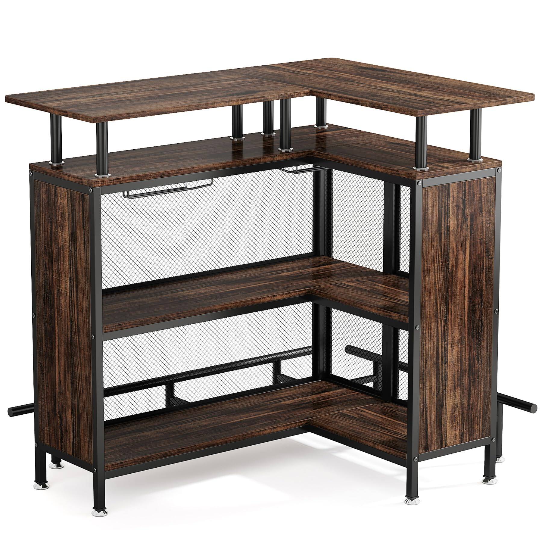 Alt View 4. Tribesigns - 47.2-Inch L-Shaped Bar Table with 2-Tier Storage Shelves and Stemware Racks for Kitchen or Home Bar - Rustic Brown.