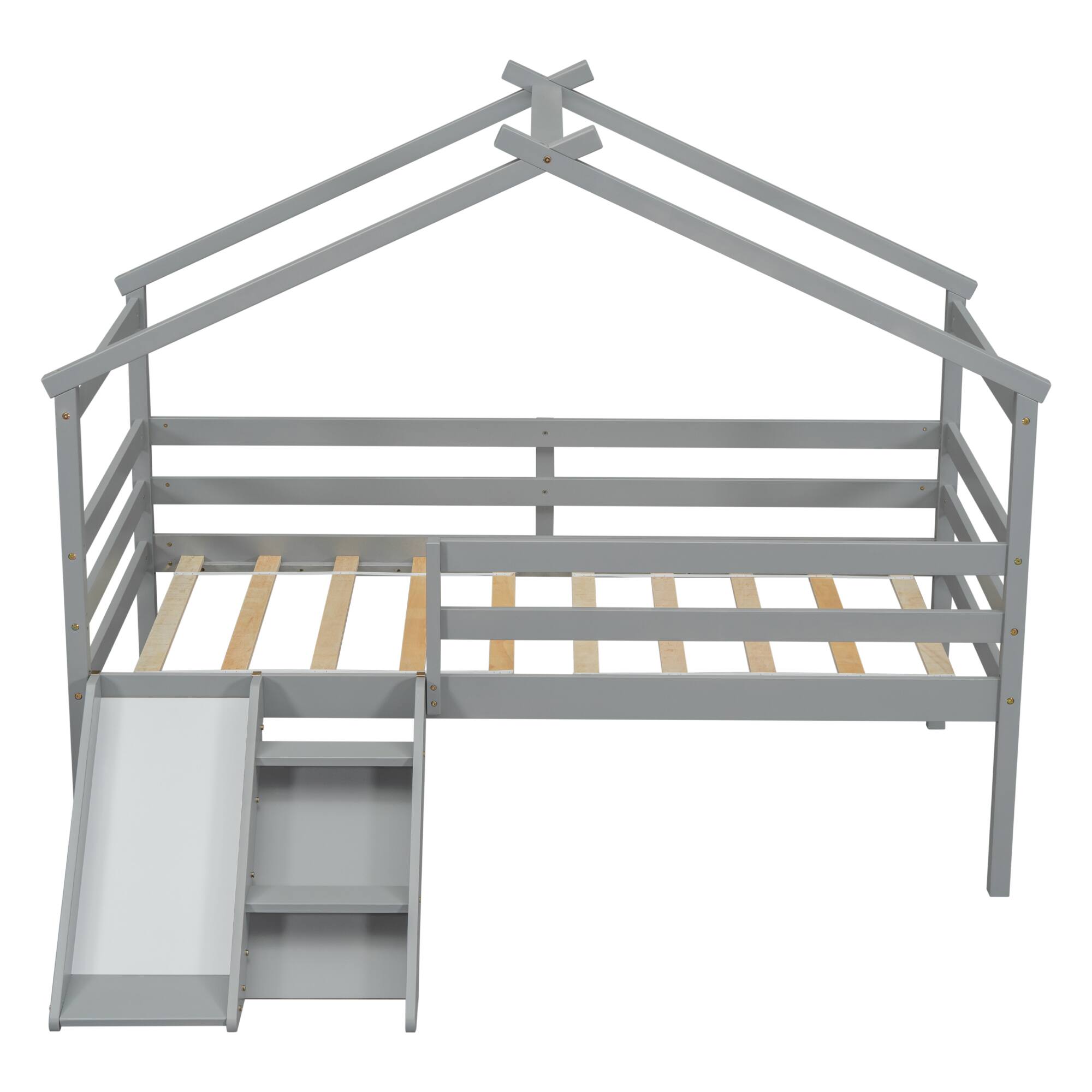 Left. GOODSILO - Low Loft House Bed with Slide and Ladder for Kids Featuring Safety Guardrails and Play Space - Grey.