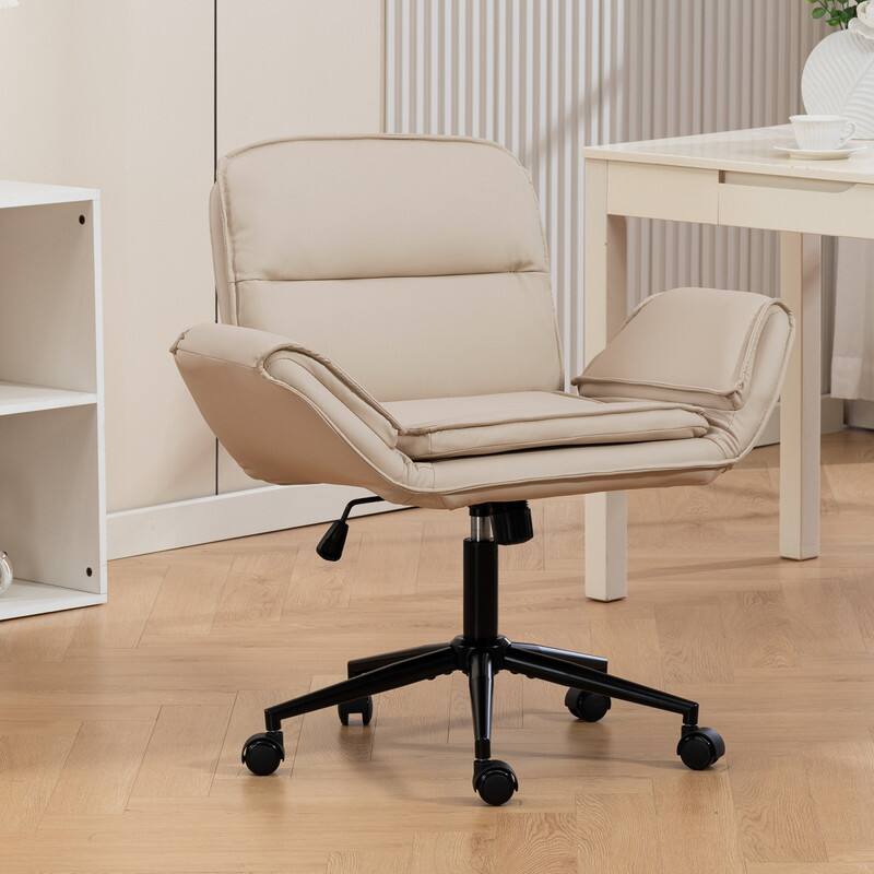 Alt View 1. HTUTWOO - PU Leather Office Chair with 3-Gear Adjustable Armrests,Height Adjustable Desk Chair for Home Office Vanity Bedroom - Beige.