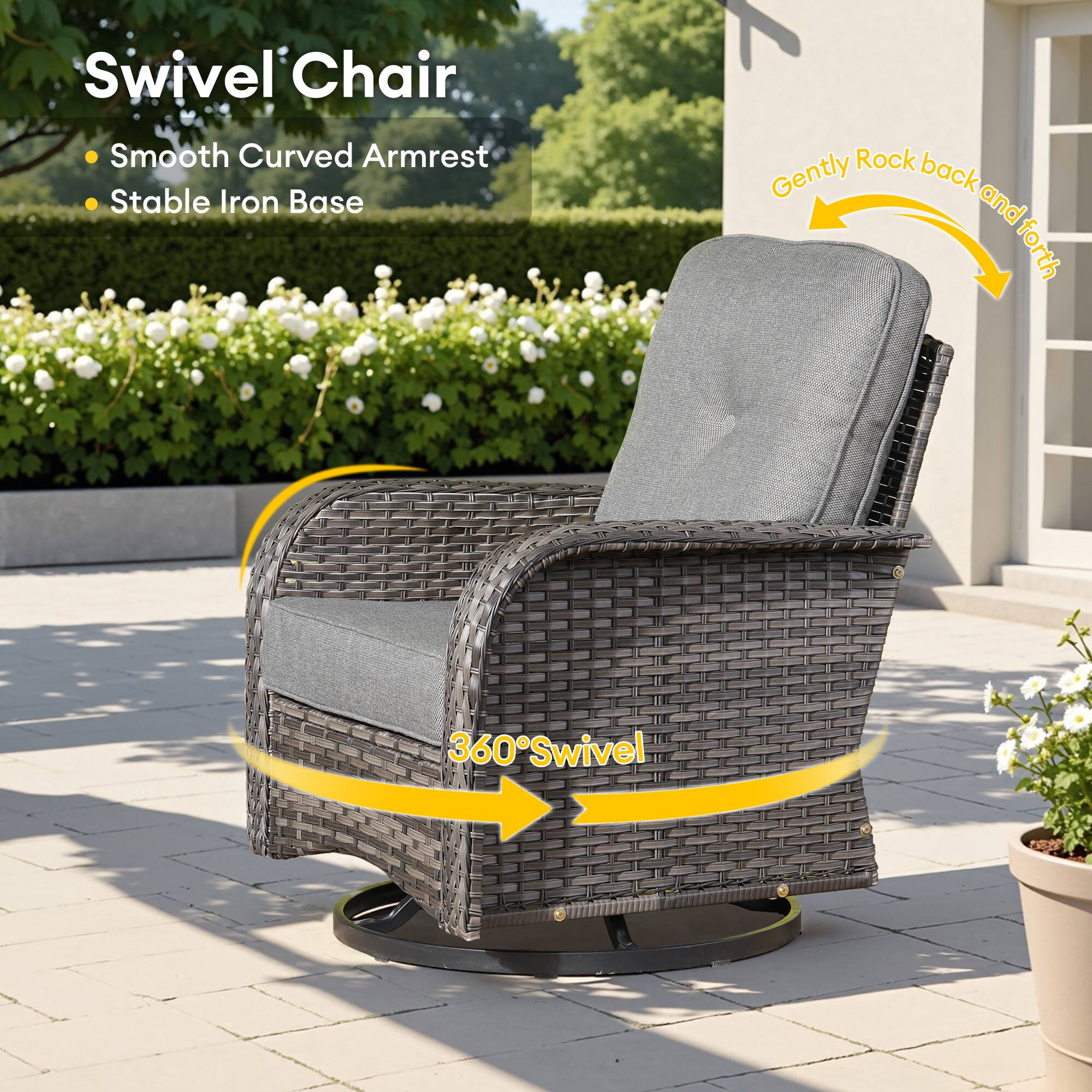 Swivel Chair  
- Smooth Curved Armrest  
- Stable Iron Base  

Gently Rock back and forth  

360° Swivel