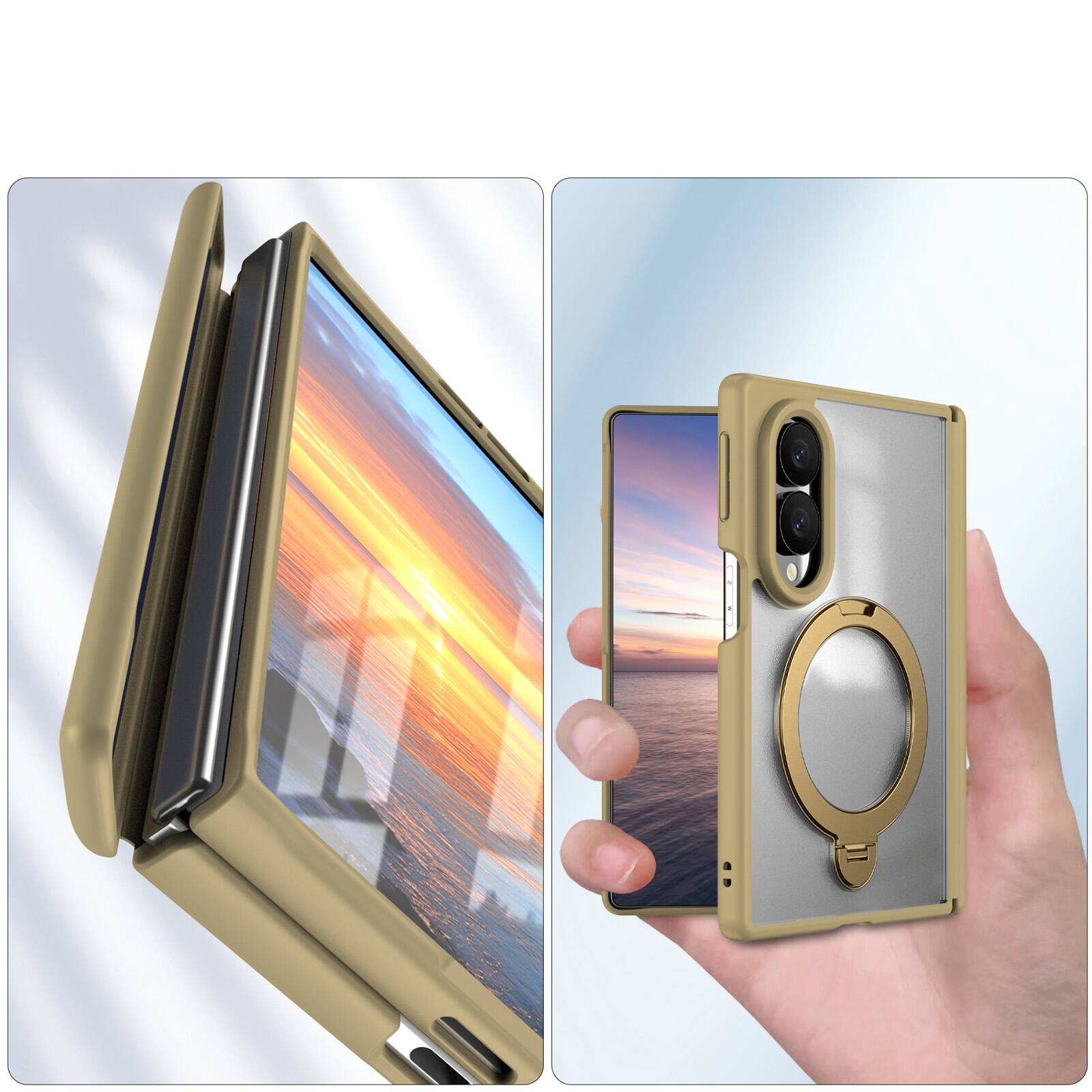 Alt View 2. Dteck - For Samsung Galaxy Z Fold8 Magnetic Case Built-in Screen Protector,Shockproof Ring Stand Clear Back Hinge Protect Cover - Gold.