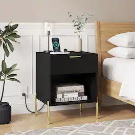WELLFOR - Modern Nightstand with Charging Station - Black