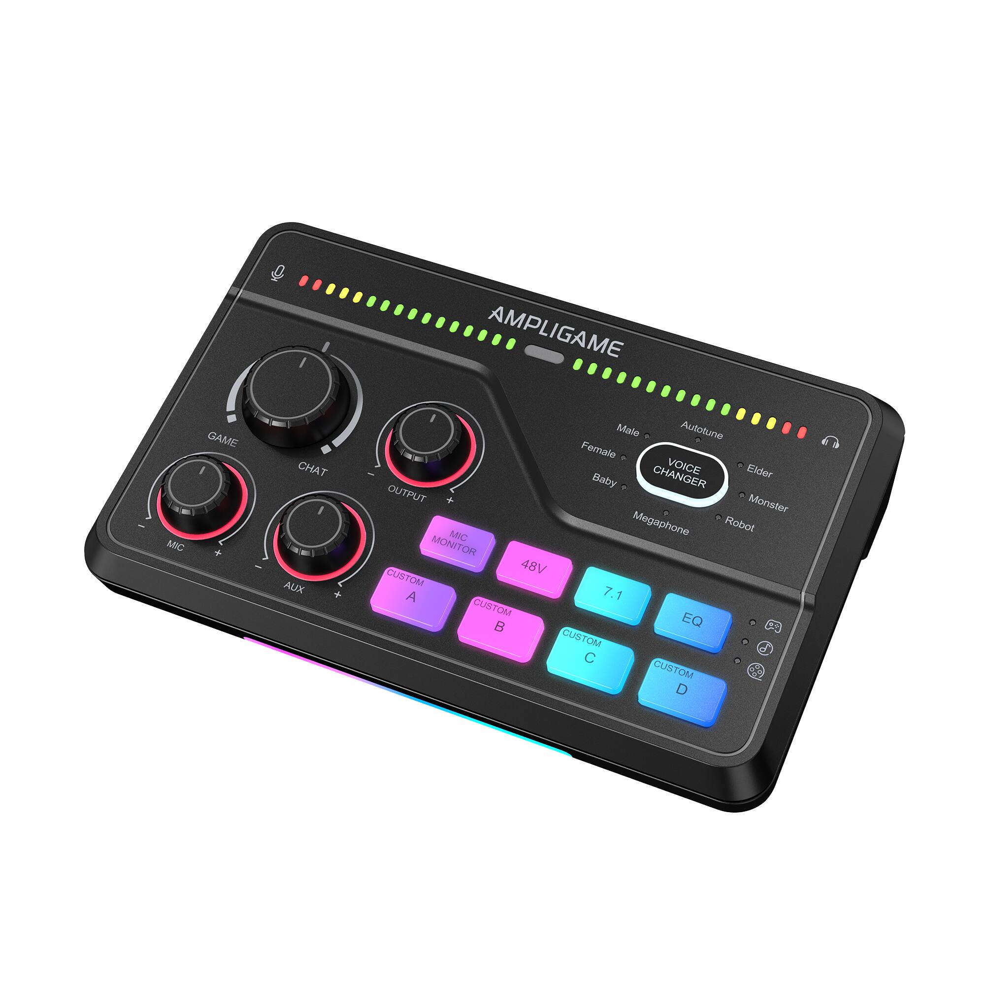 AMPLIGAME MIC GAME I + CHAT AUX Male Autotune A ) Female VOICE Elder Baby CHANGER OUTPUT Monster - Megaphone Robat MIC MONITOR 48V CUSTOM A 7.1 CUSTOM B EQ CUSTOM 2 C CUSTOM 2 D