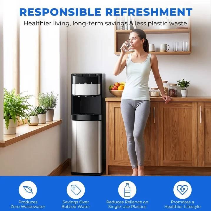 RESPONSIBLE REFRESHMENT  
Healthier living, long-term savings & less plastic waste.  
+ Produces Zero Wastewater  
+ Savings Over Bottled Water  
+ Reduces Reliance on Single-Use Plastics  
+ Promotes a Healthier Lifestyle
