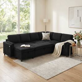 Whisen - Convertible U-Shaped Sectional Sofa Bed Pull Out Sleeper with USB Ports and Storage - Black