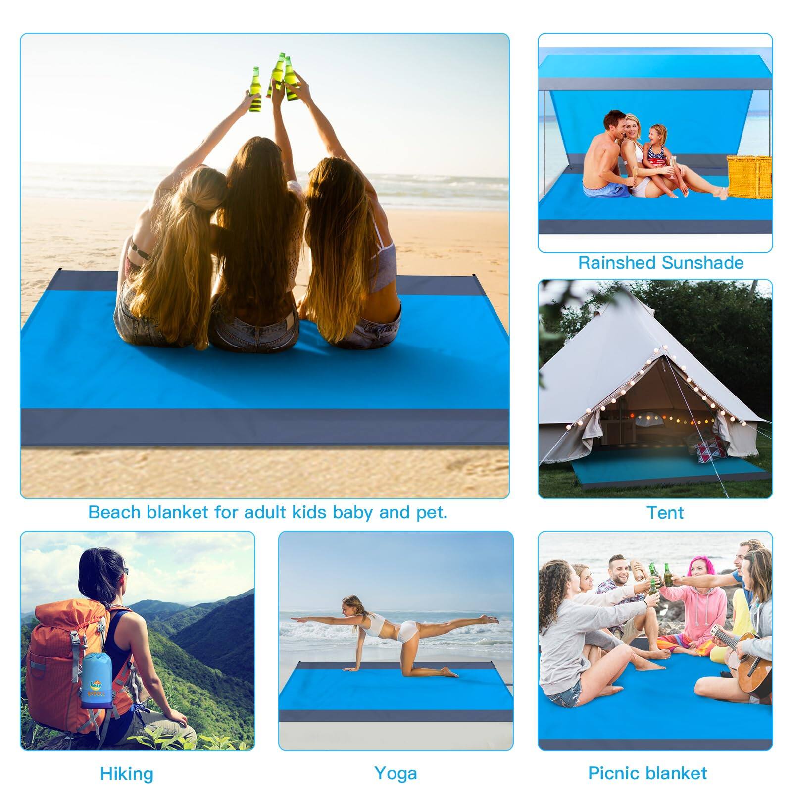 - Rainshed Sunshade
- Beach blanket for adult, kids, baby, and pet.
- Tent
- Hiking
- Yoga
- Picnic blanket