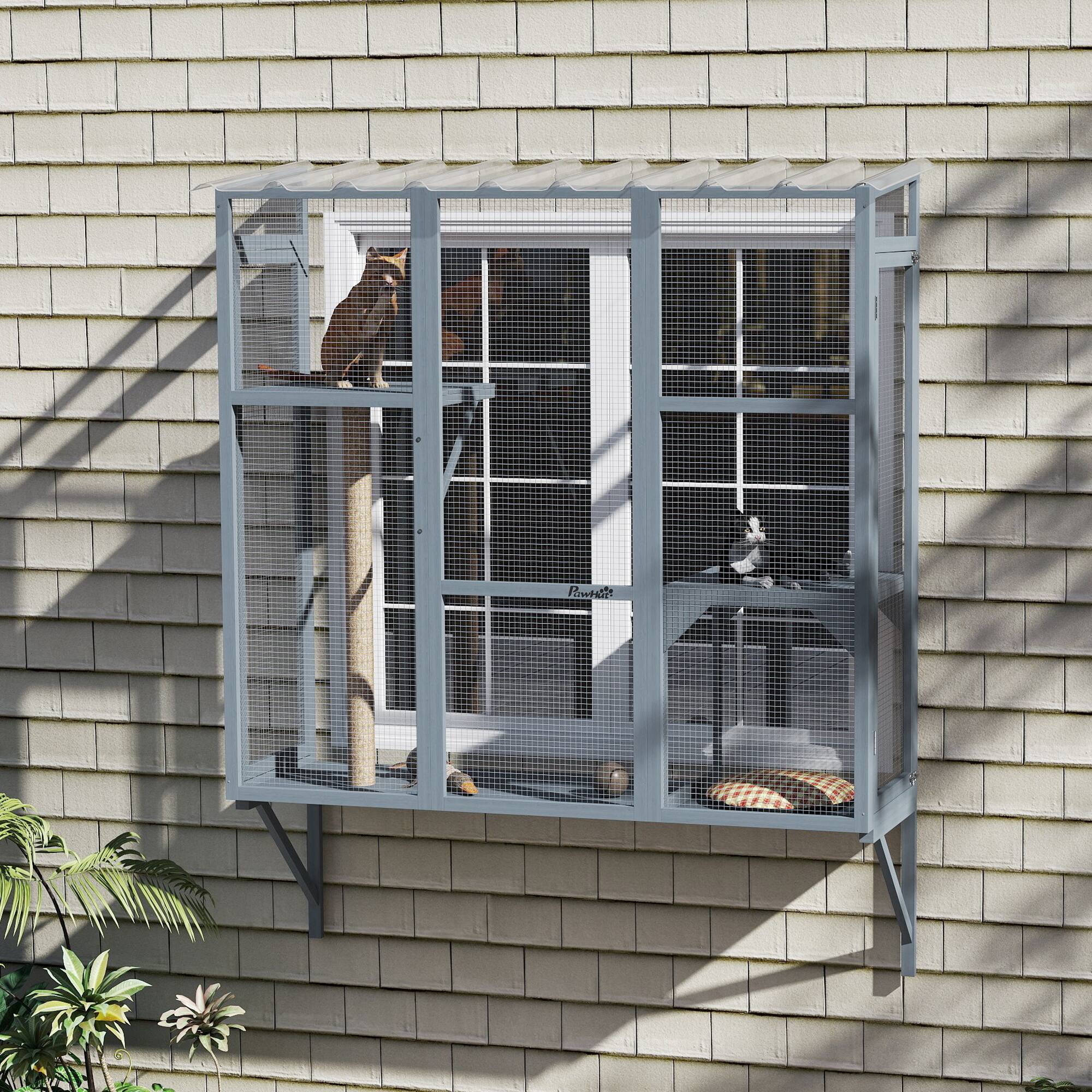 Angle. Pawhut - Outdoor Catio, Cat Window Catio Box Enclosure for 2-3 Large Indoor Cats with 2 Jumping Platforms, Scratching Post.