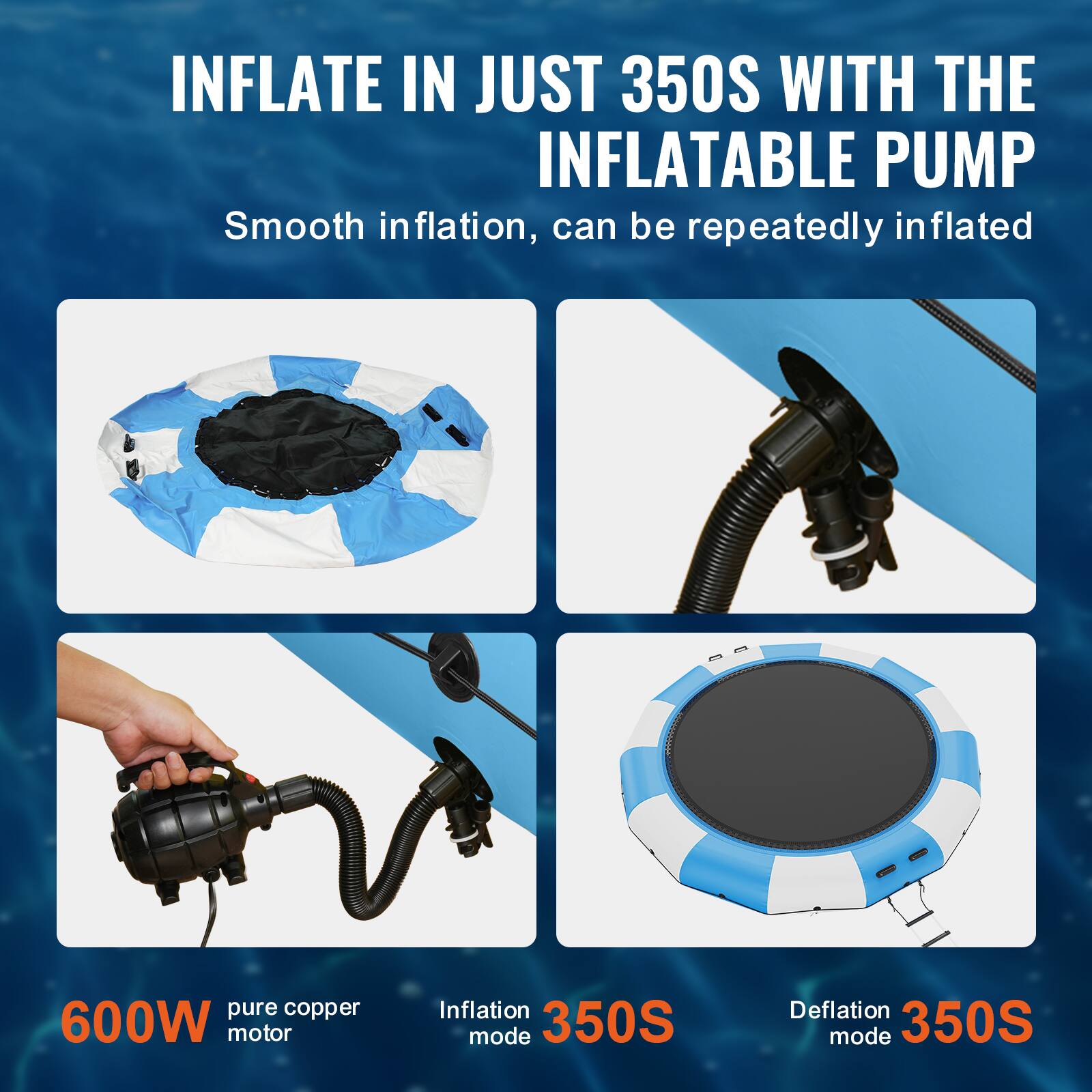 INFLATE IN JUST 350S WITH THE INFLATABLE PUMP. Smooth inflation, can be repeatedly inflated. Pure copper 600W motor. Inflation mode: 350S. Deflation mode: 350S.