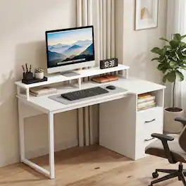 WELLFOR - 48" Modern Computer Desk with Power Outlets and File Drawer, Study Writing Desk for Home Office - White