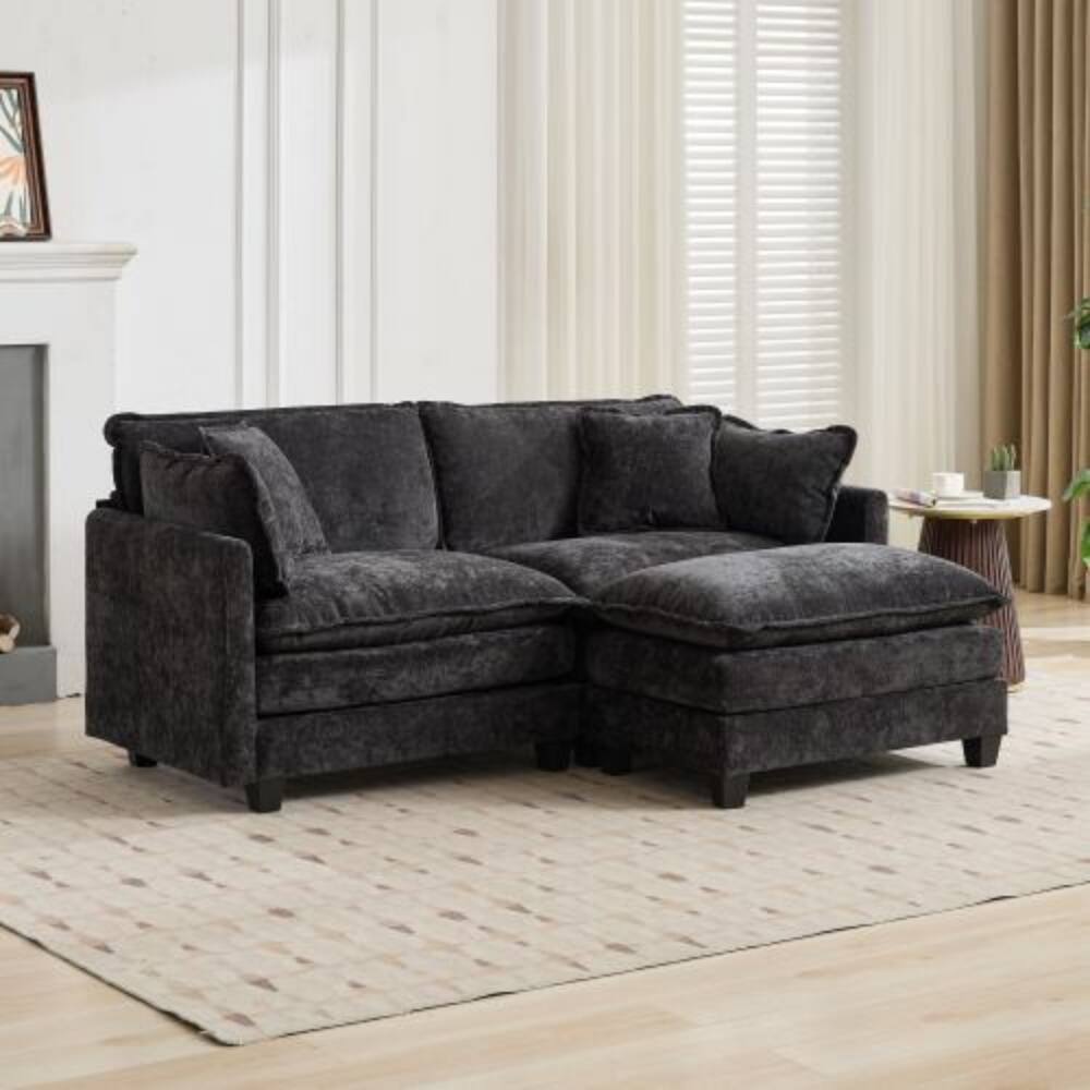 Angle. LUCKY ONE - Modular Cloud Sofa Loveseat Sectional Couch Chenille Fabric Double Layer Cushion - Black.