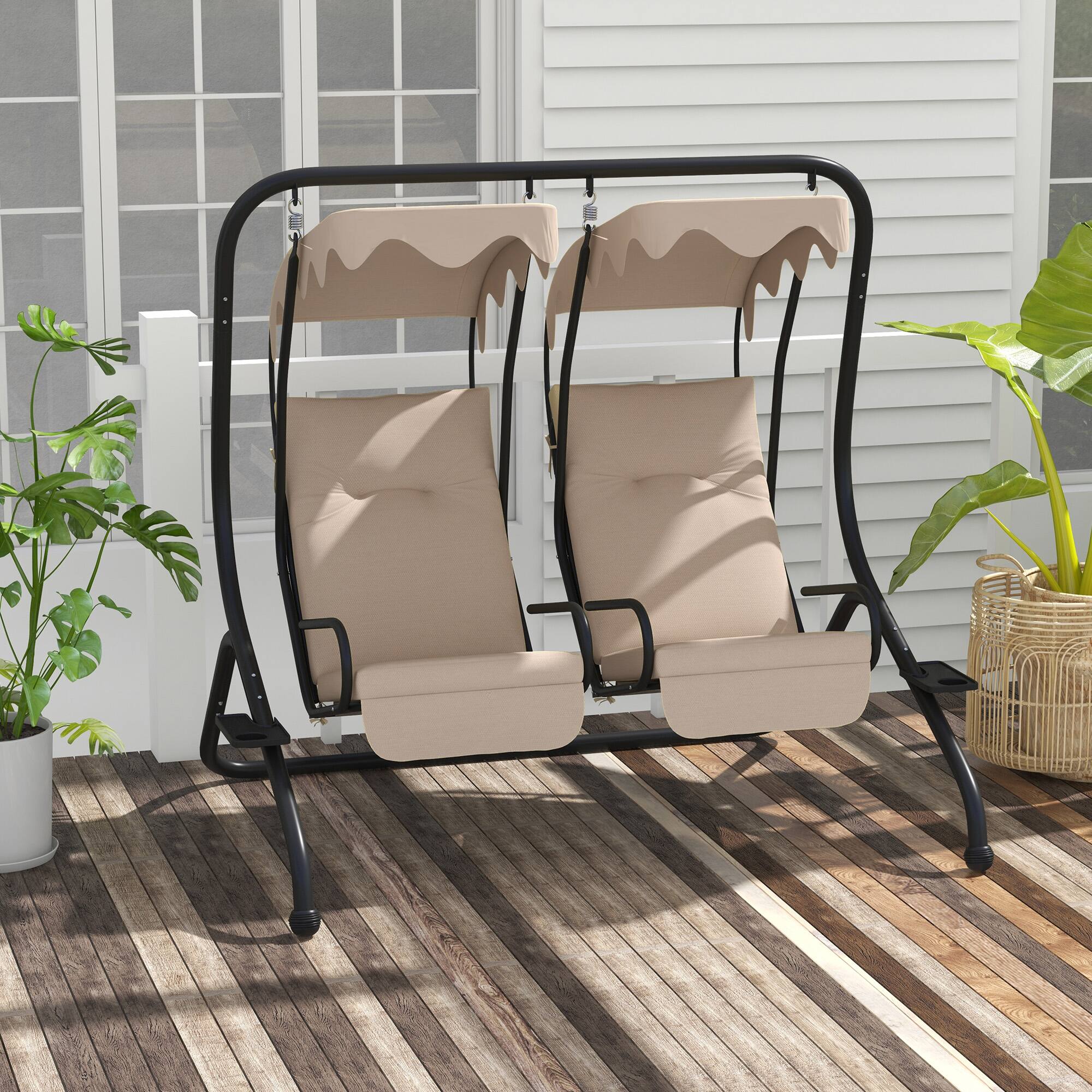 Angle. Outsunny - Outsunny Patio Swing Chair with 2 Separate Seats Outdoor Swing with Removable Canopy and Cup Holders for Porch.