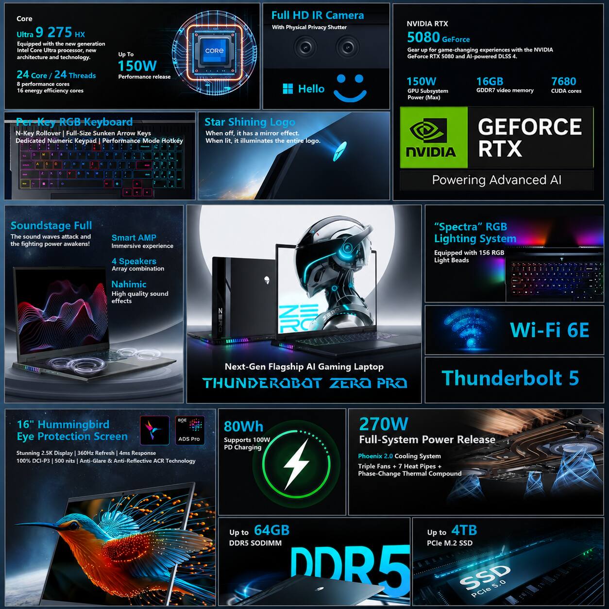 Core Ultra 9 275 HX  
Equipped with the new generation Intel Core Ultra processor, new architecture and technology.  
24 Core / 24 Threads  
8 performance cores  
16 energy efficiency cores  
150W Performance release  

Full HD IR Camera  
With Physical Privacy Shutter  

NVIDIA RTX 5080 GeForce  
Gear up for game-changing experiences with the NVIDIA GeForce RTX 5080 and AI-powered DLSS 4.  
150W Power (Max)  
16GB GDDR6 video memory  
7680 CUDA cores  

Per-Key RGB Keyboard  
N-Key Rollover Full-Size Sunken Arrow Keys  
Dedicated Numeric Keypad  
Performance Mode Hotkey  

Star Shining Logo  
When off, it has a mirror effect. When lit, it illuminates the entire logo.  

Soundstage Full  
The sound waves attack and the fighting power awakens!  
Smart AMP  
Immersive experience  
4 Speakers Array combination  
Nahimic High quality sound effects  

"Spectra" RGB Lighting System  
Equipped with 156 RGB Light Beads  

Wi-Fi 6E  
Next-Gen Flagship AI Gaming Laptop  

Thunder