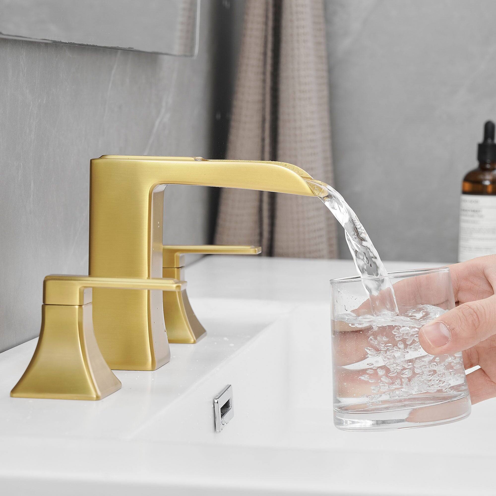 Alt View 4. Boyel Living - Modern 8 Inch Widespread Double Handle Brass Bathroom Faucet with Pop Up Drain and Water Supply Hoses in Brushed Gold - Brushed Gold.